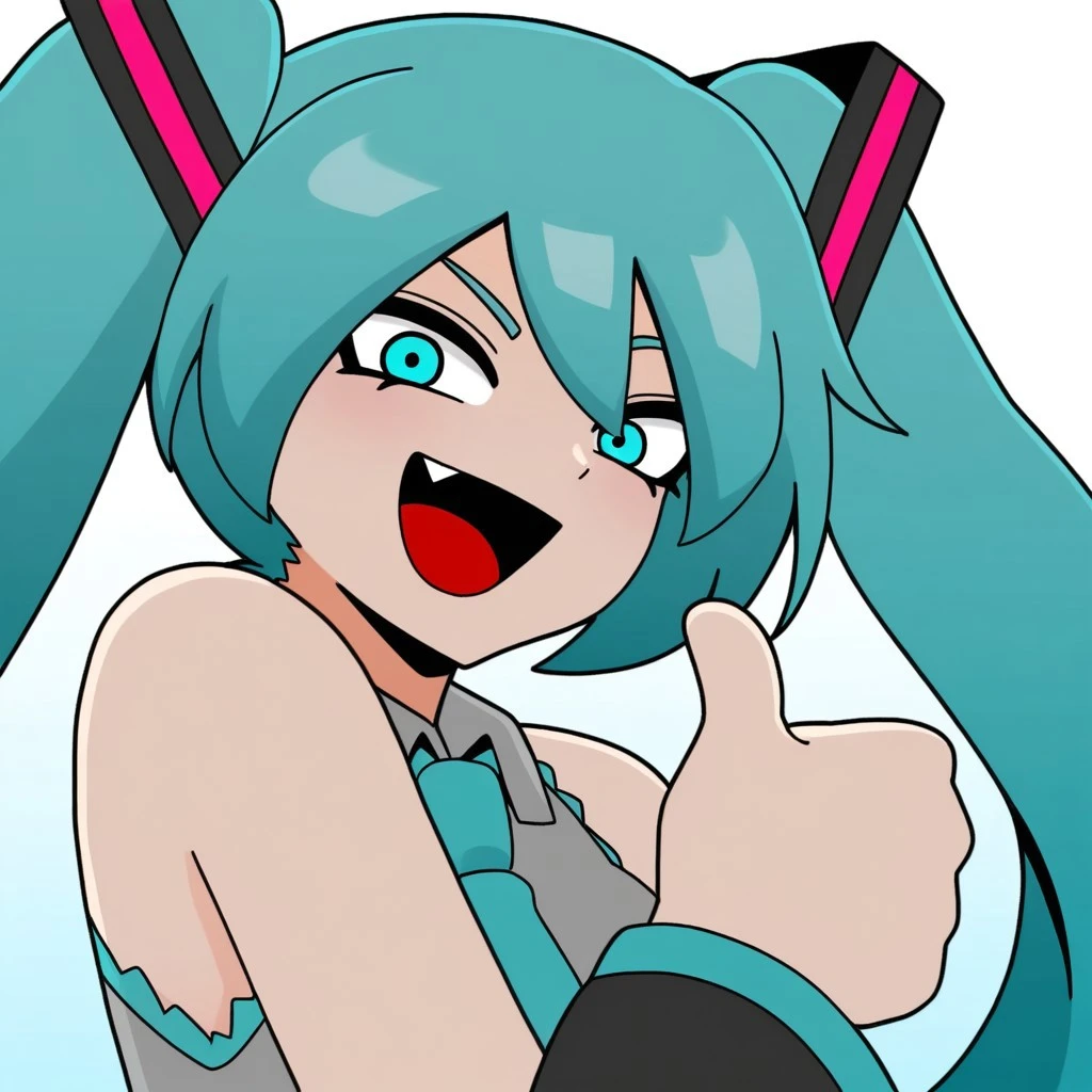 masterpiece,best quality,amazing quality,<lora:silpaeja_실패자_-_style:1>,s1lp@3j@,hatsune miku,open mouth,smile,fang,thumbs up,looking at viewer,upper body portrait,gradient background