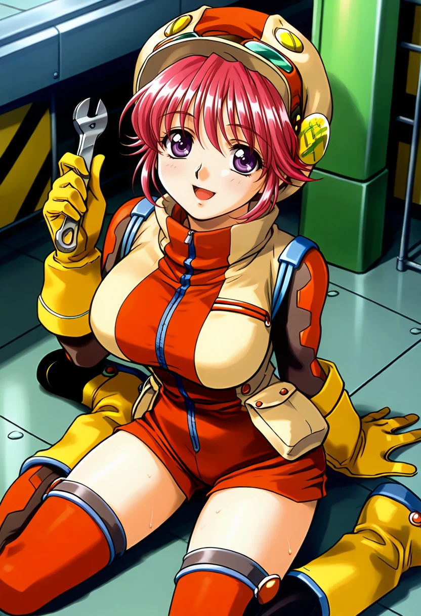 Very detailed background, masutepiece, Best Quality, 1girl in, Solo, ((masutepiece, Best Quality)),Best aesthetic, Zero Two (darling in the franxx), darling in the franxx, Bangs, Biting, blush, Covered navel, eyeshadows, Green eyes, hair behind head, put hands on the hip, Horns, Smile, Long hair, Looking at Viewer, makeup, medium breasts, pilotsuit, Red suit, Pink hair, Red eyeshadow, Science fiction, Skin Tight,
