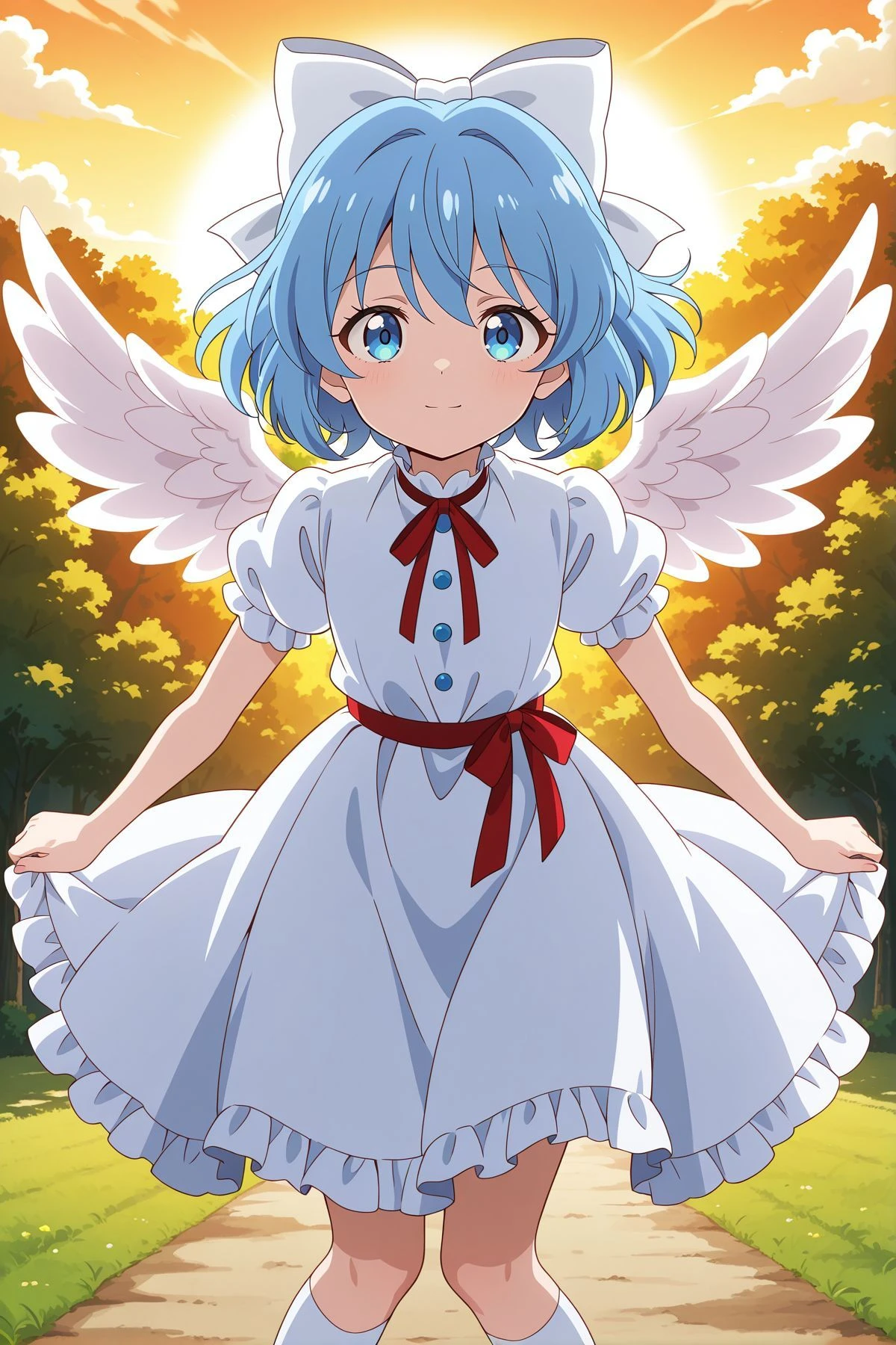 absurdres, highres, masterpiece, best quality, amazing quality, official anime artwork, screencap, anime screencap, outdoors, looking at viewer, light smile, dynamic pose, 
<lora:Mai_Illustrious:1> mai, 1girl, solo, blue eyes, blue hair, short hair, white wings,, hair bow, white bow, red ribbon, neck ribbon, waist ribbon, white dress, puffy short sleeves, blue buttons, white socks,