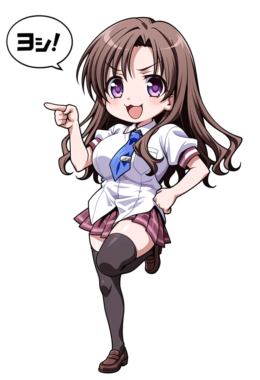 masterpiece, best quality, amazing quality, very aesthetic, absurdres, 8k wallpaper, ultra detailed, 
1girl, chibi, cute, full body, solo, shzutan1_sh10n, brown hair, purple eyes, long hair, large breasts, shiny skin BREAK school uniform, blue necktie, untucked shirt, plaid skirt, black thighhighs,  
stylish pose, smug, open mouth, looking at viewer, genba_neko,chibi,pointing,standing on one leg,:3,open mouth,meme,parody, speech bubble, simple background, white background <lora:genba_neko_like_v2:1>  <lora:shizutani shion v1.1-000015:1>