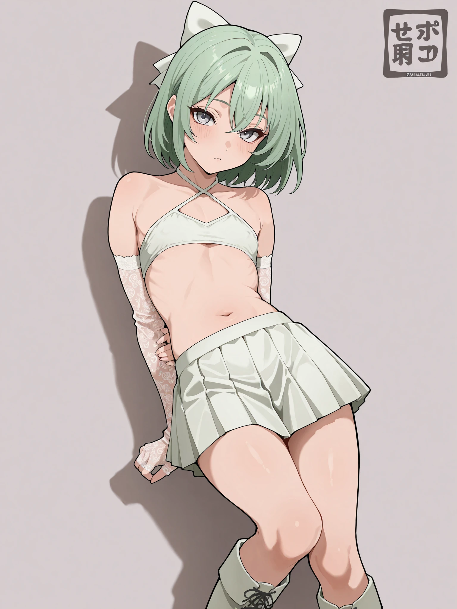 a tall girl, short hair, albino white hair, her green eye, glitter, big black eye, she wears a white button-down blouse, underneath a green sleeveless coat, a dark green maxi skirt, a pair of white socks, a black heel, carrying a flexible ghost katana.