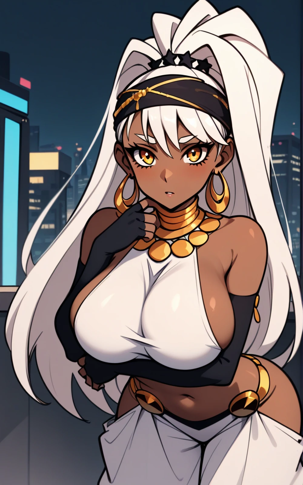 1girls, dark skin, dark body, white hair, long hair, yellow eyes, breasts, large breasts, wide hips, thick thighs, bikini, tiger print, tiger ears, thighhighs, smile, smirk, smug, smile
