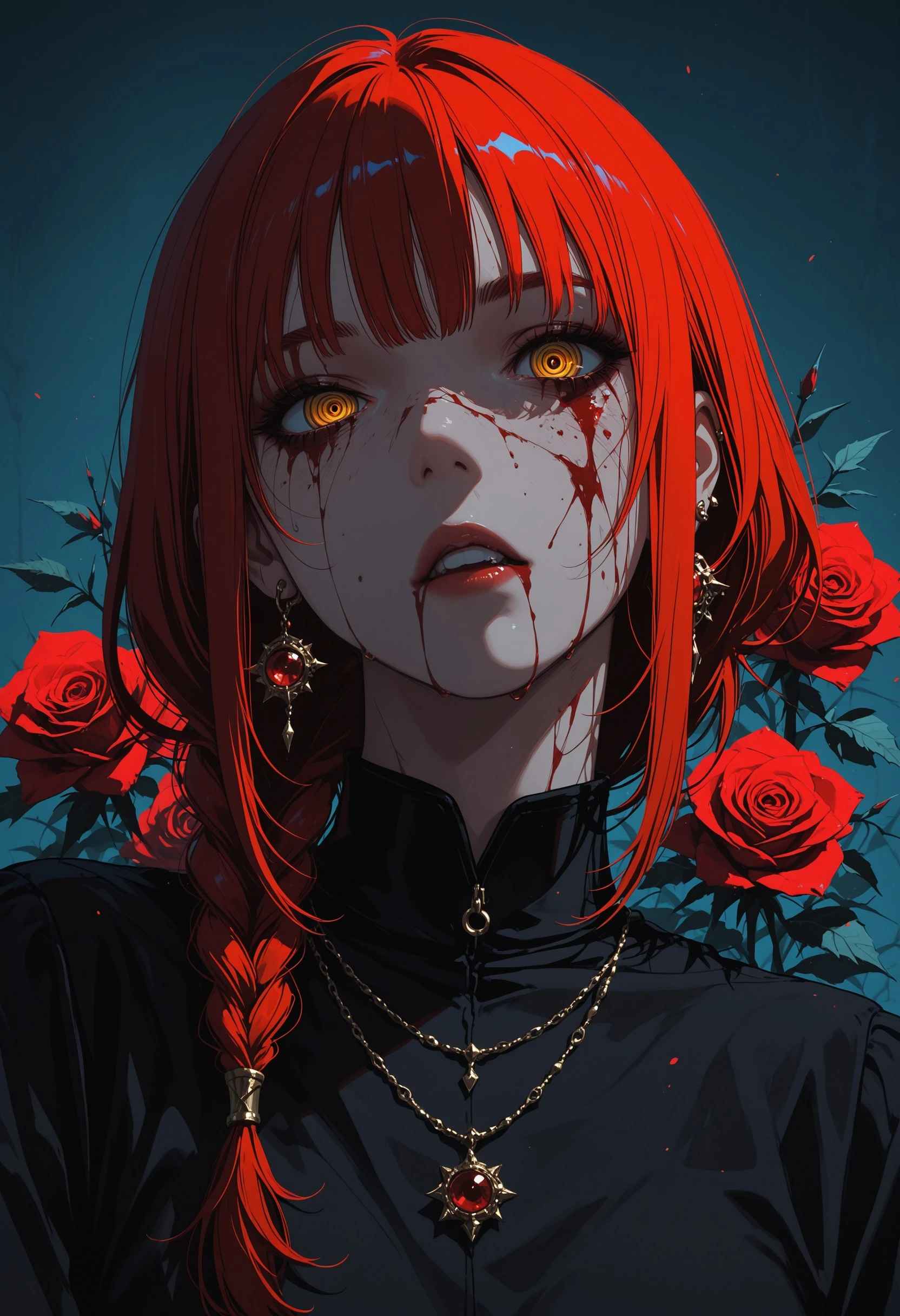 cryos2, 1girl, jewelry, ringed eyes, earrings, solo, yellow eyes, looking at viewer, necklace, flower, braid, red hair, blood, rose, bangs, sidelocks, blood on face, parted lips, upper body, medium hair, braided ponytail, teeth, masterpiece, best quality, incredibly absurdres, amazing quality, very aesthetic, 4k, official art, latest, , <lora:99049ffc-f5ee-4292-8fba-783ed7518c43:0.9>