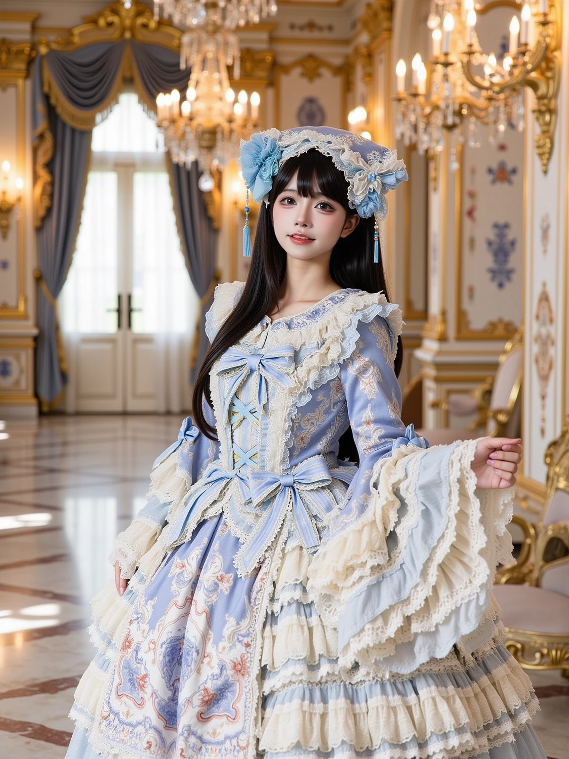 A realistic photo in cowboy shot of a slender beautiful young cosplayer in blue and white cyb dress. She has long black straight hair with hairband. She is looking at viewer and smiling.
The sence is {a serene Victorian garden with blooming pastel roses, a white ornate gazebo, and a cobblestone path. Gentle sunlight filters through the trees, creating a dreamy and elegant atmosphere. Butterflies flutter around, and a tea set awaits on a dainty table|an opulent ballroom with golden chandeliers, marble floors, and grand arched windows draped in velvet curtains. The room is illuminated by warm candlelight, with intricate rococo-style details on the walls and ceiling|a vintage carousel in pastel hues, surrounded by twinkling fairy lights and a backdrop of a twilight sky. The scene is whimsical and nostalgic, with playful details and ornate carvings on the carousel horses|a magical forest with towering trees adorned with glowing fairy lights, soft moss-covered ground, and sparkling streams. The air is filled with a whimsical, ethereal glow, creating a fairytale-like scene|A majestic palace garden at dusk, with fountains, marble statues, and perfectly manicured hedges. The sky is painted in soft pink and lavender hues, and lanterns cast a warm glow over the scene|A whimsical tea party set in a lush meadow, with delicate porcelain tea sets, tiered trays of sweets, and colorful flowers. The atmosphere is magical and inviting, with soft sunlight and a gentle breeze|A luxurious rococo-style room with intricate gold detailing on the walls, a grand crystal chandelier, and plush pastel furniture. The room feels regal and sophisticated, perfect for a lavish photoshoot}.
The photo is in cowboy shot and with detailed background.