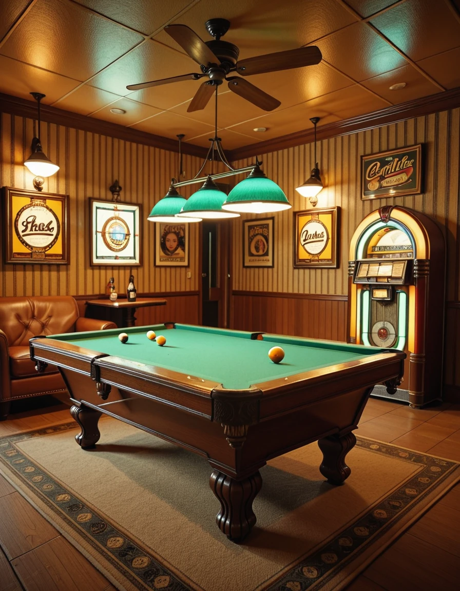 Interior of a vintage 1970s pool room with no people present, wood-paneled walls and shag carpet in earthy tones, overhead pendant lights with green glass shades casting a warm glow over a classic felt-covered pool table, retro wallpaper with geometric patterns, a jukebox in the corner flashing colorful lights, ashtrays on side tables beside leather armchairs, cues neatly arranged on a wooden rack, ceiling fan slowly turning above, and vintage beer advertisements framed on the wallsâeverything evokes a nostalgic, slightly smoky atmosphere frozen in time, rich with the charm and character of a bygone era,1970s pool r00m, <lora:1970s_pool_r00m-i:1>, Masterpiece,best quality,hi res,8k,hi res,8k,award winning,(sharp focus, intricate, highly detailed),