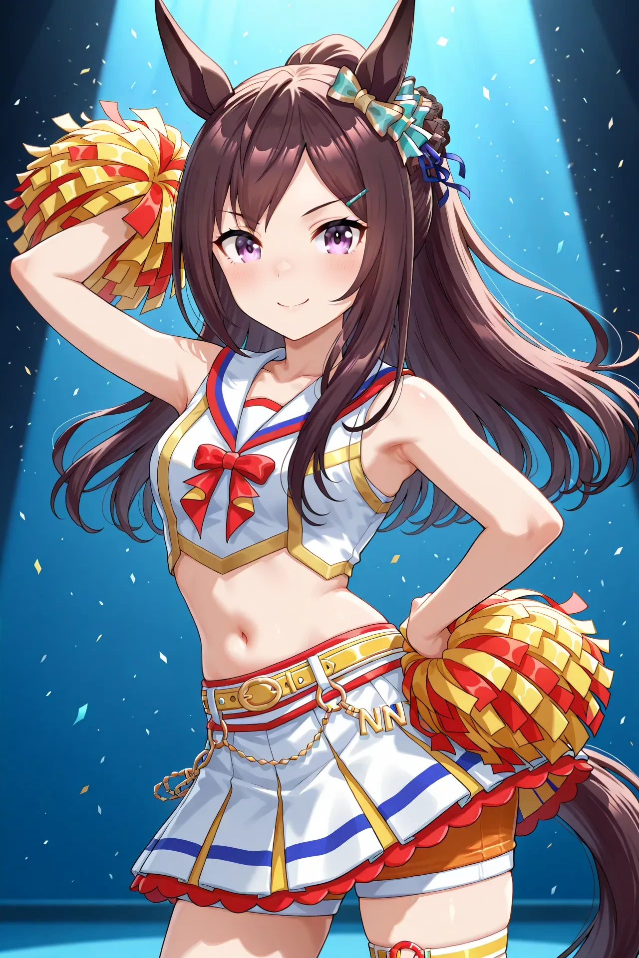 mejiro dober \(umamusume\),small breasts,green hair,parted bangs,hair between eyes,brown eyes,black hair,animal ears,horse ears,horse tail,long hair,bangs,very long hair,purple eyes,blue eyes,purple hair,horse girl,brown hair,,
run&win,
official alternate costume,cheerleader,ponytail,long sleeves,crop top,white shirt,sailor collar,midriff,navel,belt,layered skirt,pleated skirt,white skirt,miniskirt,thigh strap,shorts under skirt,short shorts,orange shorts,white socks,red footwear,sneakers,shoes,<lora:RUNWIN:0.8>,, 1girl,solo,smile,looking at viewer,cowboy shot,pose,spotlight,