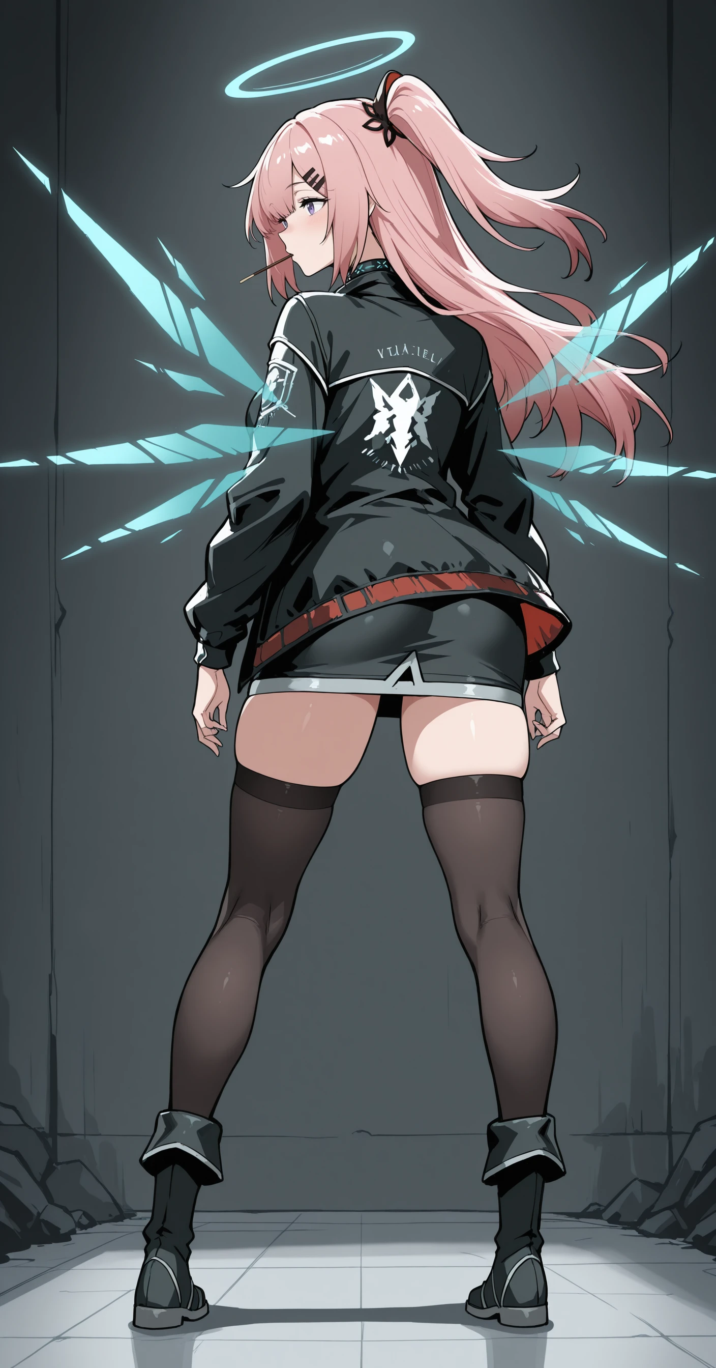 masterpiece,best quality,amazing quality, ambriel \(arknights\), purple eyes, pink hair, one side up, double halo, hair hair ornament, hairclip, neck infection monitor \(arknights\), gray buttoned shirt, black jacket, open jacket, thighhighs, black lace-up boots, pocky in mouth, skirt,
standing, solo, detached wings, transparent wings, (from behind:1.1), tachi-e
<lora:Ambriel (Illustrious) v1:1>
