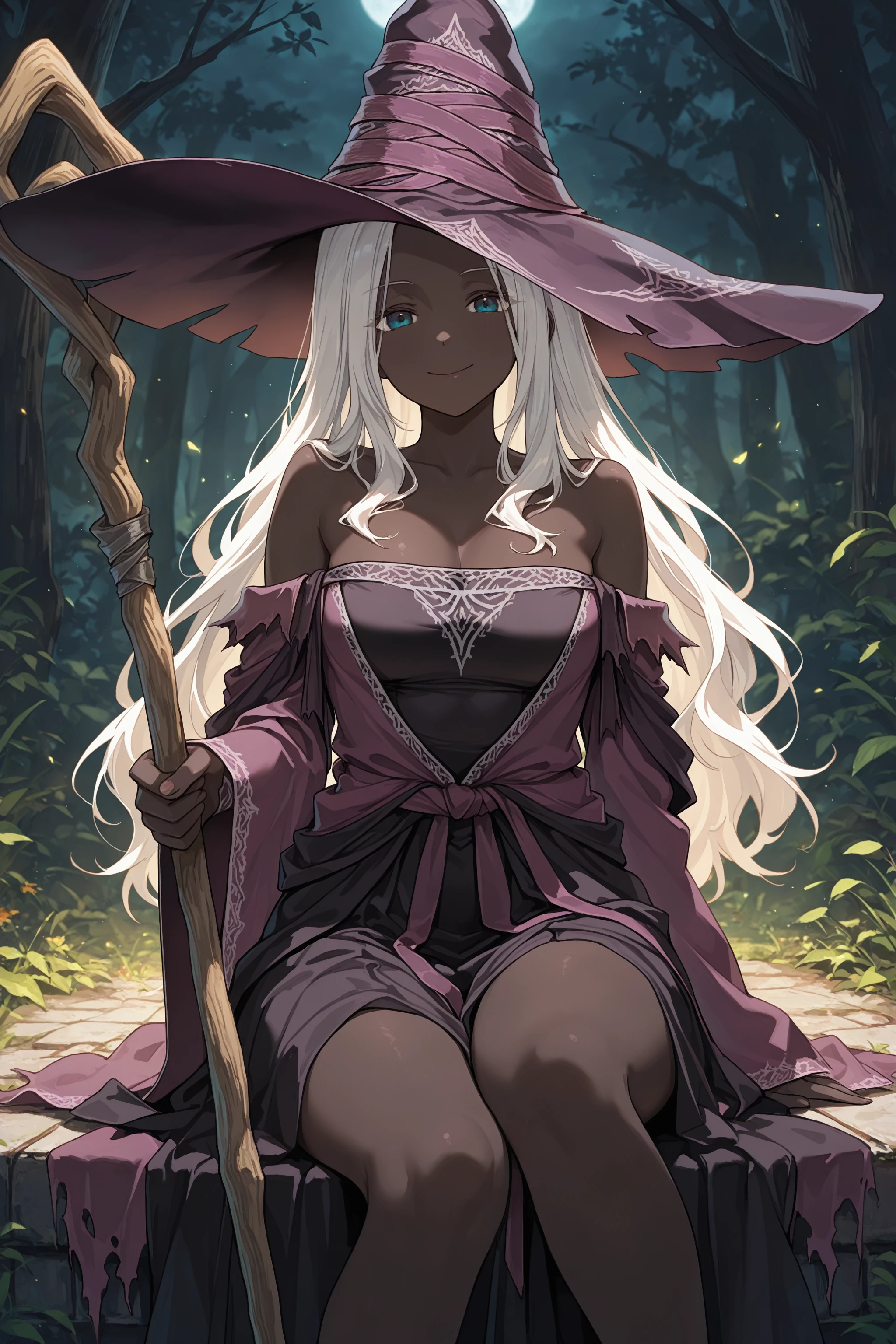 masterpiece, best quality, absurdres,
1girl, recluse, black skin, white hair, witch hat, dress, bare shoulders,
holding staff, looking at viewer, smile, sitting
<lora:elden_ring_nightreign_il_1_d16:1>