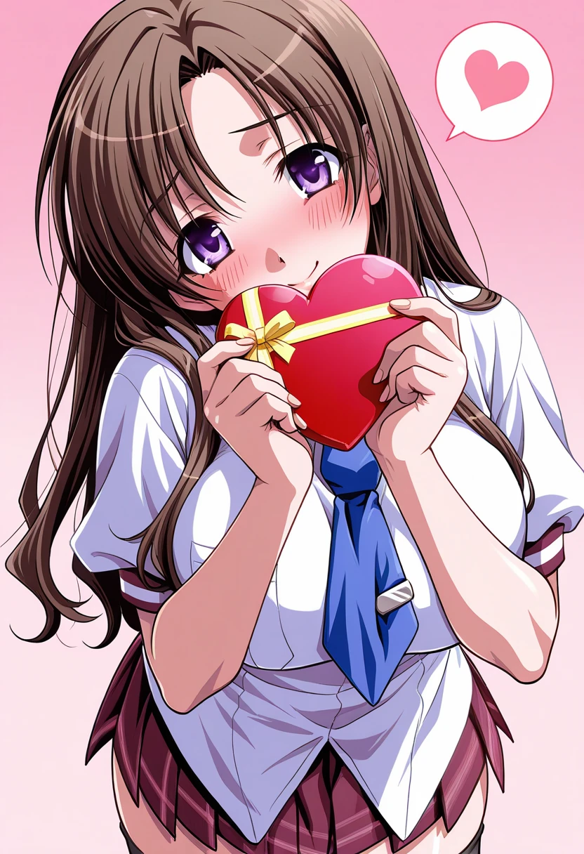 masterpiece, best quality, amazing quality, very aesthetic, absurdres, 8k wallpaper, ultra detailed, 
1girl, solo, shzutan1_sh10n, brown hair, purple eyes, long hair, large breasts, shiny skin BREAK school uniform, blue necktie, untucked shirt, plaid skirt, black thighhighs,  
sexy pose, lovestruck, shy smile, blush, head tilt, looking at viewer, spoken heart, standing, holding heart gift, hand over own mouth, gradient background, pink background, front view, upper body, ultra detailed, best hands <lora:shizutani shion v1.1-000015:1>