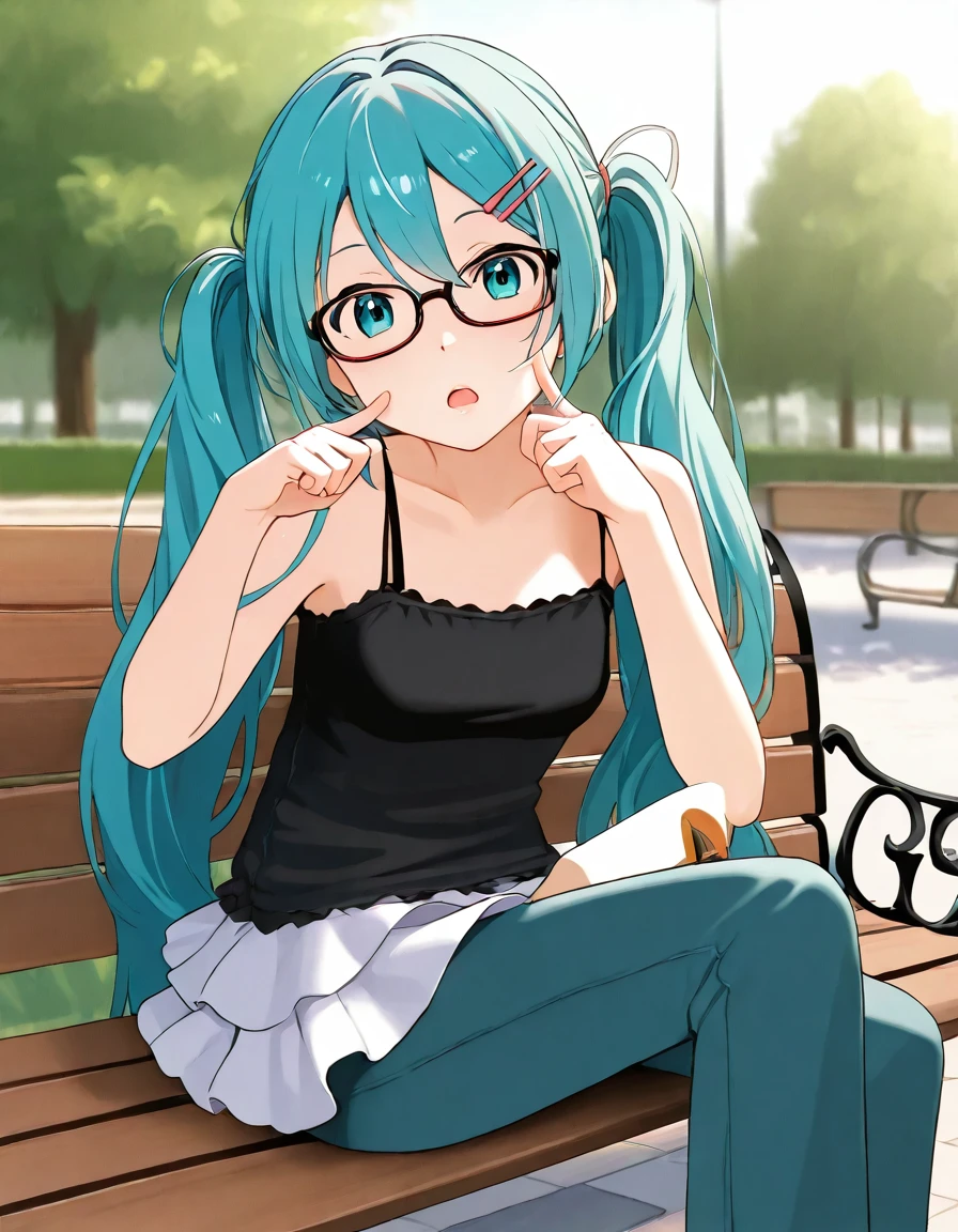 1girl, hatsune miku, glasses, hairpin, self cheek poking, open mouth, sitting on a park bench, skirt, shirt pants, spaghetti strap,
,<lora:senke_kagero_style_pony6_v1_t1:1>