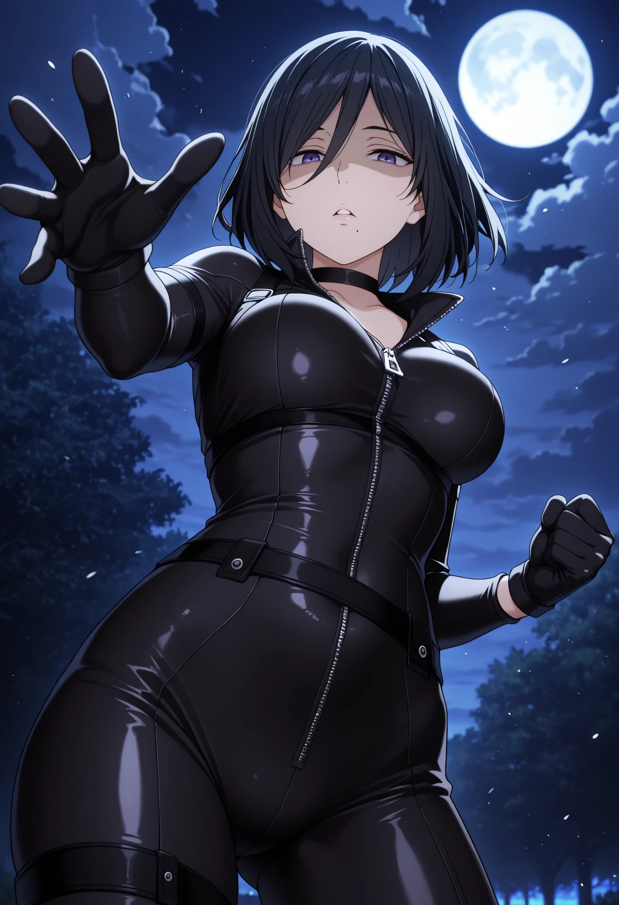 highly detailed, masterpiece, best quality, correct hands, small breasts, short black hair, blue eyes, black robes, black pants, no shirt, defined curves, smug smile, blushing, mountain background, storm, lightning, floating, stormy atmosphere, surrounded by lightning, flying, off the ground