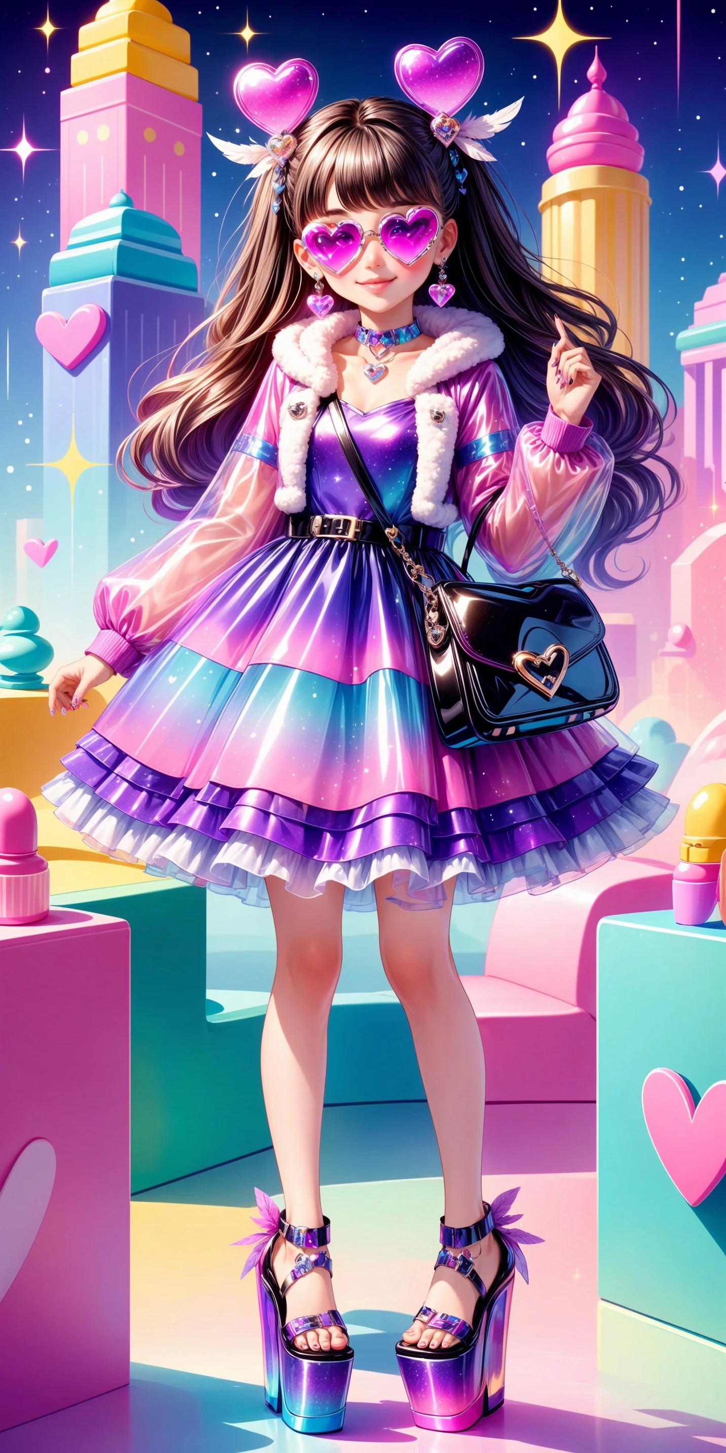 (front facing, facing viewer) 1girl, blush, full face blushing, smile, barbiecore, (pink theme, purple theme), makeup, glittery makeup, eye makeup, lipgloss, nail polish, latex minidress, fit-and-flare dress, plush_clothing, plush coat, animal print, hair ornaments, hairclips, plastic hairclips, heart-shaped sunglasses, high heels, holographic iridescent, plastic jewelry, shoulder bag, small purse, feathers, platform high heels, jelly block heels, platform footwear, sparkles, glitter, <lora:more_details:0.7>, <lora:scene_:0.5>, <lora:FashionComplexityEnhancerLORAv1:0.4>, <lora:c48c3a0b-35d5-4de1-a44b-d140193f7790:0.6>, <lora:96073874-f082-4683-942e-601cecac5c40:0.3>, <lora:f7d08feb-f21d-42d0-9ef1-a9481867524d:0.3>, <lora:5844635f-c9c3-4f9e-85c4-d0d40f201159:0.3>, <lora:dde4416e-9f24-48d4-a965-d989baea5d73:0.2>, ,