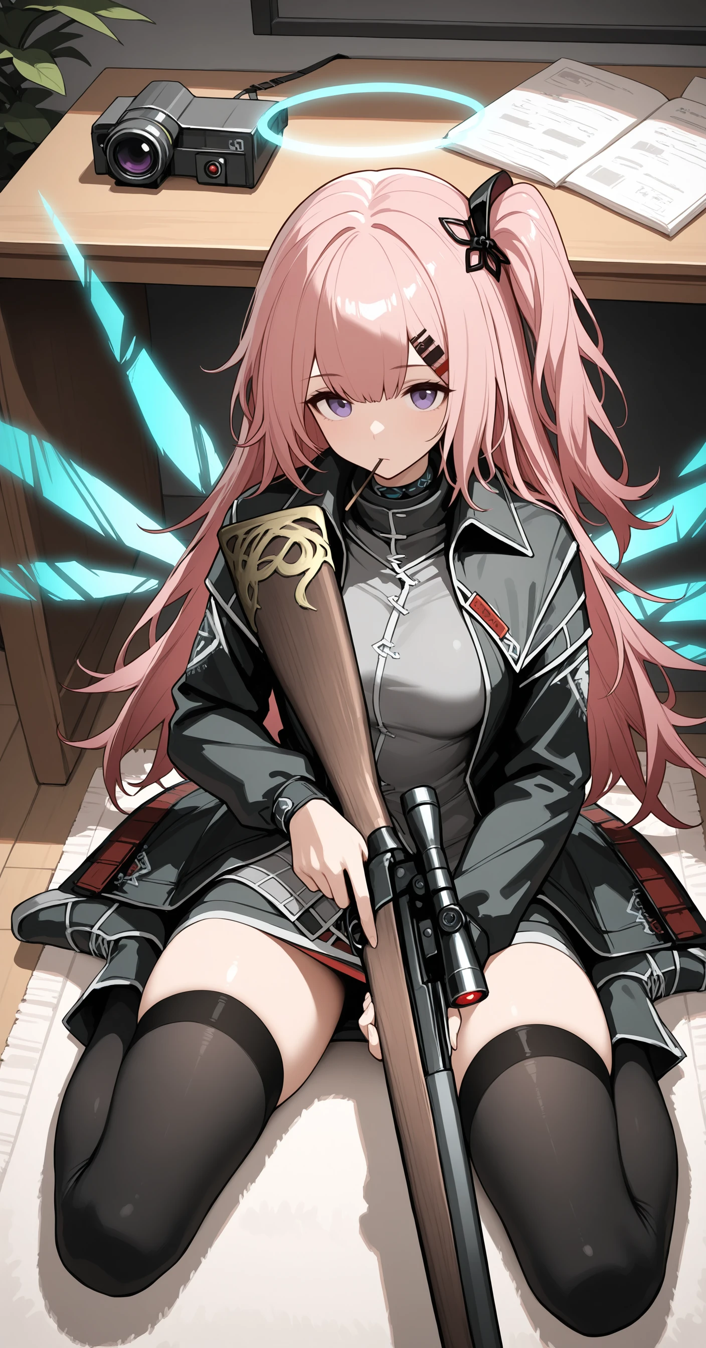 masterpiece,best quality,amazing quality, ambriel \(arknights\), purple eyes, pink hair, one side up,halo, hair hair ornament, hairclip, neck infection monitor \(arknights\), gray shirt, black jacket, open jacket, thighhighs, black lace-up boots, pocky in mouth, skirt, hugging rifle, expressionless, sitting, indoors, plants chair, desk, solo, detached wings, transparent wings,from above, rug, on ground, wariza, spread legs,scope
<lora:Ambriel (Illustrious) v1:1>