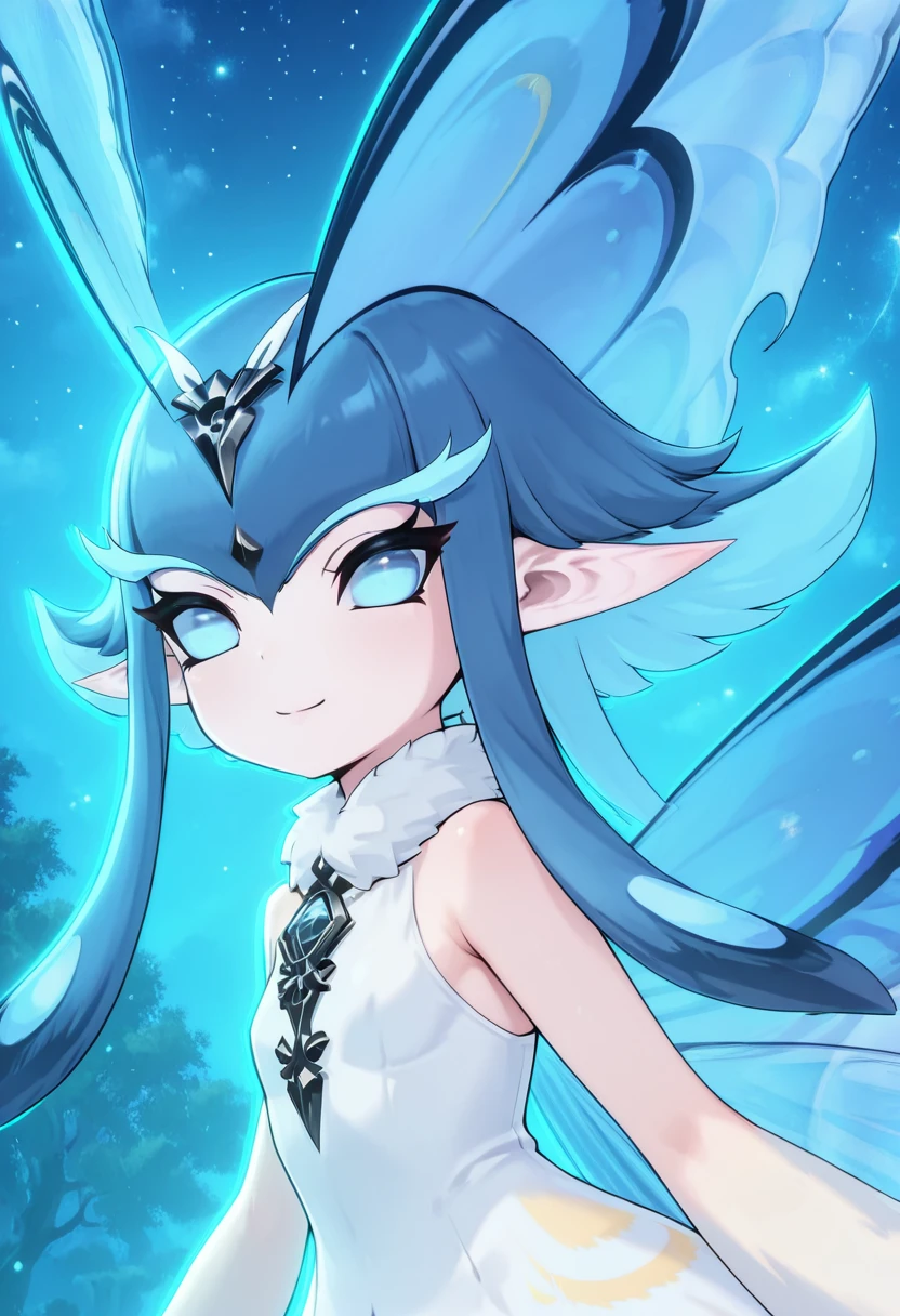 masterpiece, best quality, solo, curvy, beautiful eyes, narrow waist, wide hips, 1girl, solo, smile, looking at viewer, foreshortening, close up, zzPhantomfly, looking at viewer, smile, fur collar, dress, wings, night, butterfly wings, gradient background, glow, stars, ,<lora:Phantomfly_AzurProm_IXL:1.0>, upper body, side view, smile, looking at viewer, shiny skin,