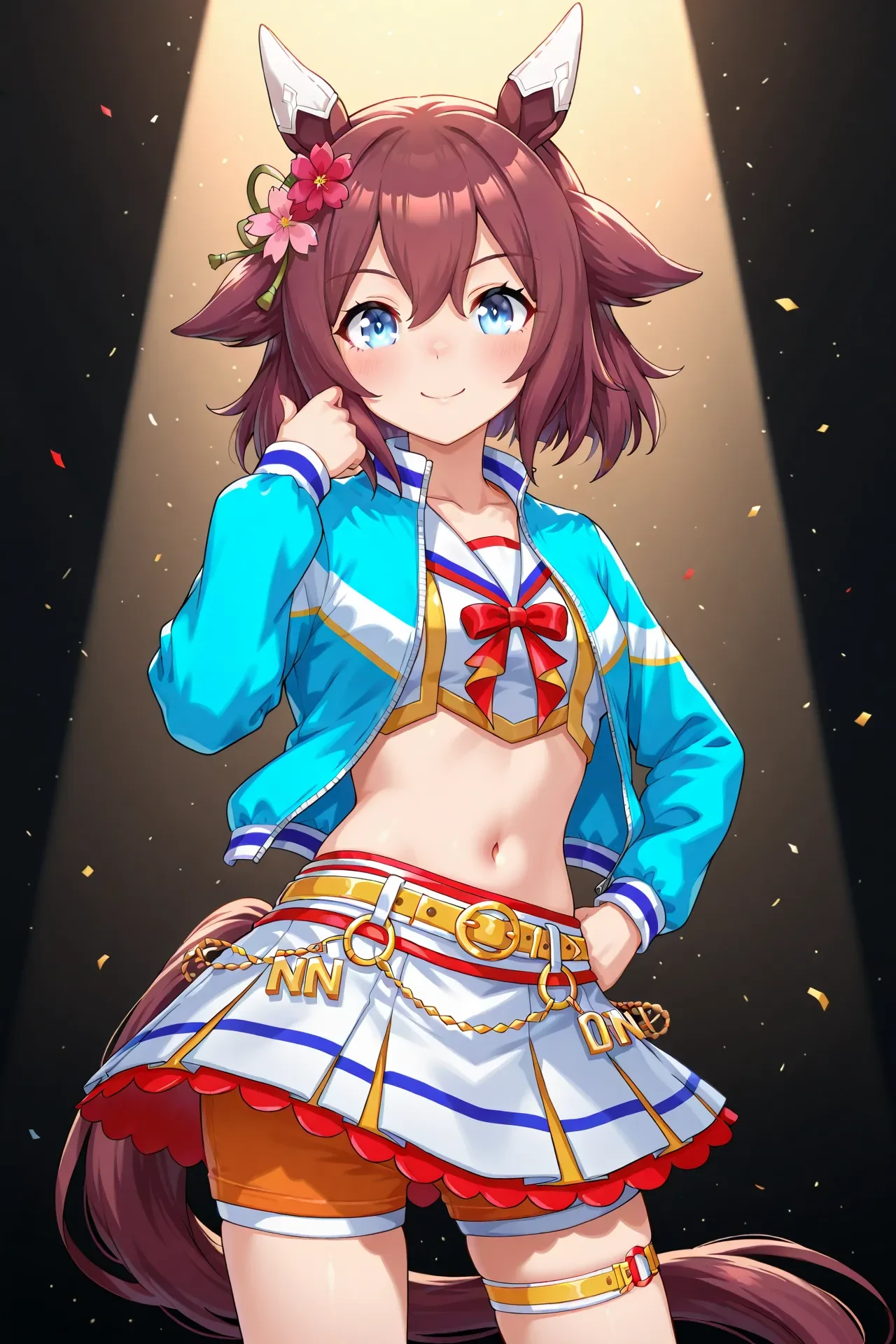 sakura chiyono o \(umamusume\),small breasts,eyes,animal ears,horse ears,horse girl,horse tail,hair ornament,pink hair,hair flower,hair between eyes,medium hair,hair flaps,,
run&win,
official alternate costume,cheerleader,ponytail,long sleeves,crop top,white shirt,sailor collar,midriff,navel,blue jacket,open jacket,belt,layered skirt,pleated skirt,white skirt,miniskirt,thigh strap,shorts under skirt,short shorts,orange shorts,white socks,red footwear,sneakers,shoes,<lora:RUNWIN:0.8>,, 1girl,solo,smile,looking at viewer,cowboy shot,pose,spotlight,