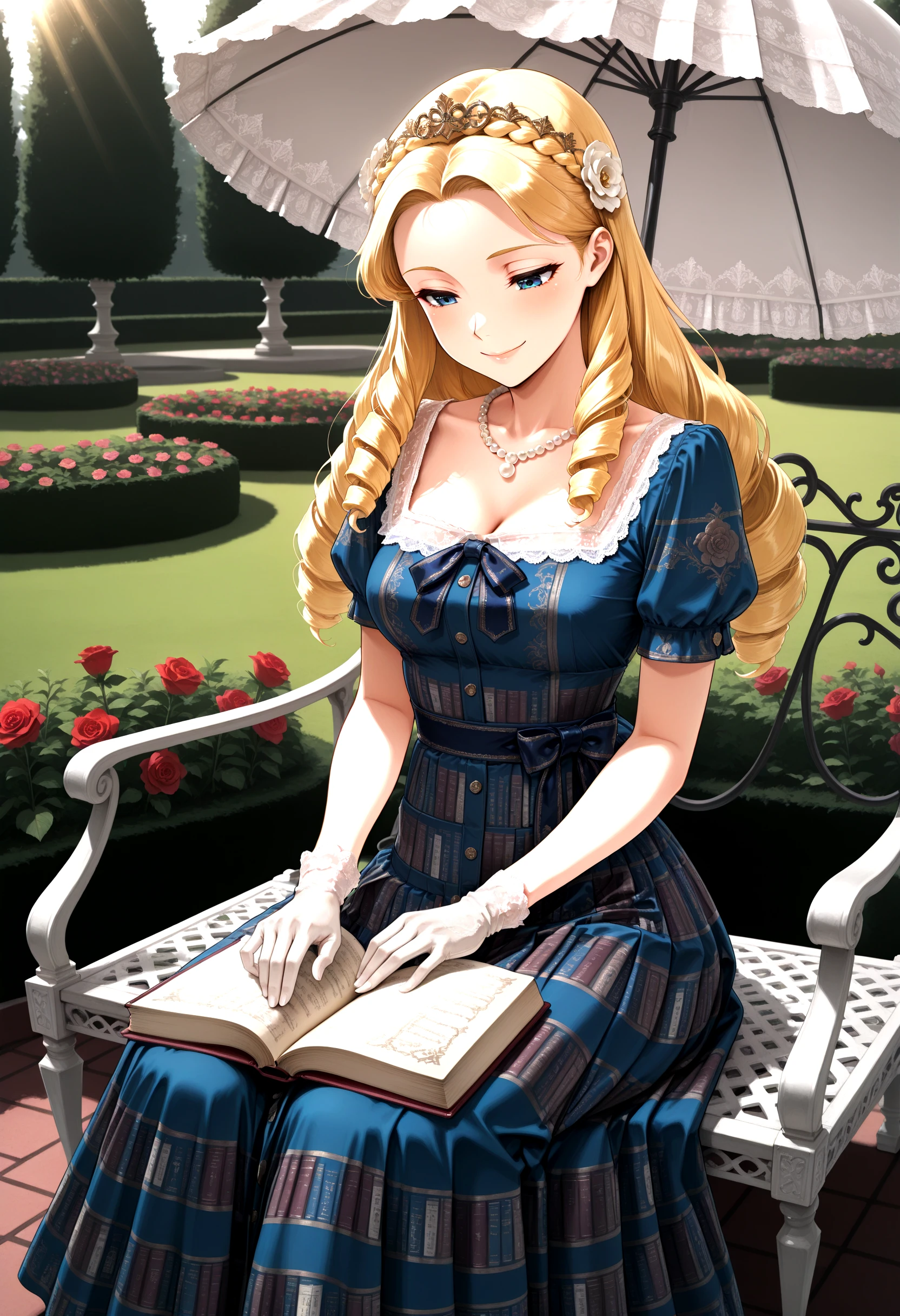 masterpiece, best quality, highly detailed, ultra detailed, 1girl, long blonde hair, braided crown, blue eyes, gentle smile, sitting, reading book, parasol on lap, royal book_print dress, puff sleeves, square neckline, lace frill trim, satin waist bow, full skirt with printed vintage book spines, embroidered hem, pearl necklace, floral hair ornament, white gloves, white tights, rose garden, garden pavilion, wrought iron furniture, blooming flowers, sunlight, elegant atmosphere