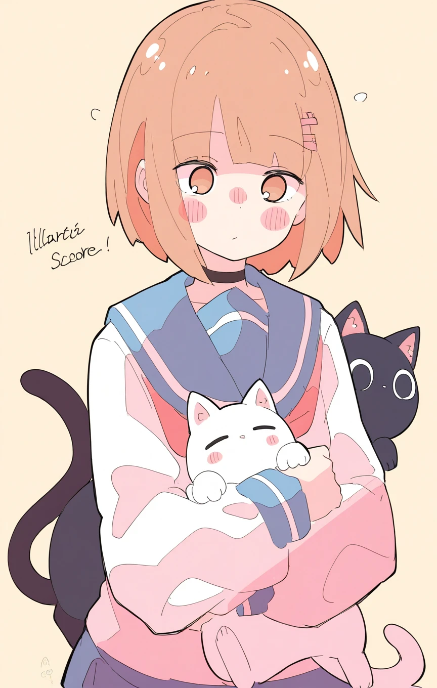 sexy_perspective, (masterpiece), (best quality), (ultra-detailed), amazing quality, very aesthetic, illustration, perfect composition, intricate details, absurdres, incredibly absurdres, shiny skin, realistic, shiny hair, clear skin, ultra-detailed-eyes, simple background, cute, eyelashes, greatscore, pretty, extreme perspective, dynamic angle, dynamic pose, HaruHime_ST, sketch, 1girl,,solo,,blush,,short hair,,bangs,,brown hair,,shirt,,hair ornament,,long sleeves,,holding,,white shirt,,upper body,,choker,,hairclip,,sailor collar,,orange hair,,orange eyes,,animal,,blush stickers,,cat,,blue sailor collar,,?,,bandaid,,black cat,,holding animal,,white cat,,holding cat