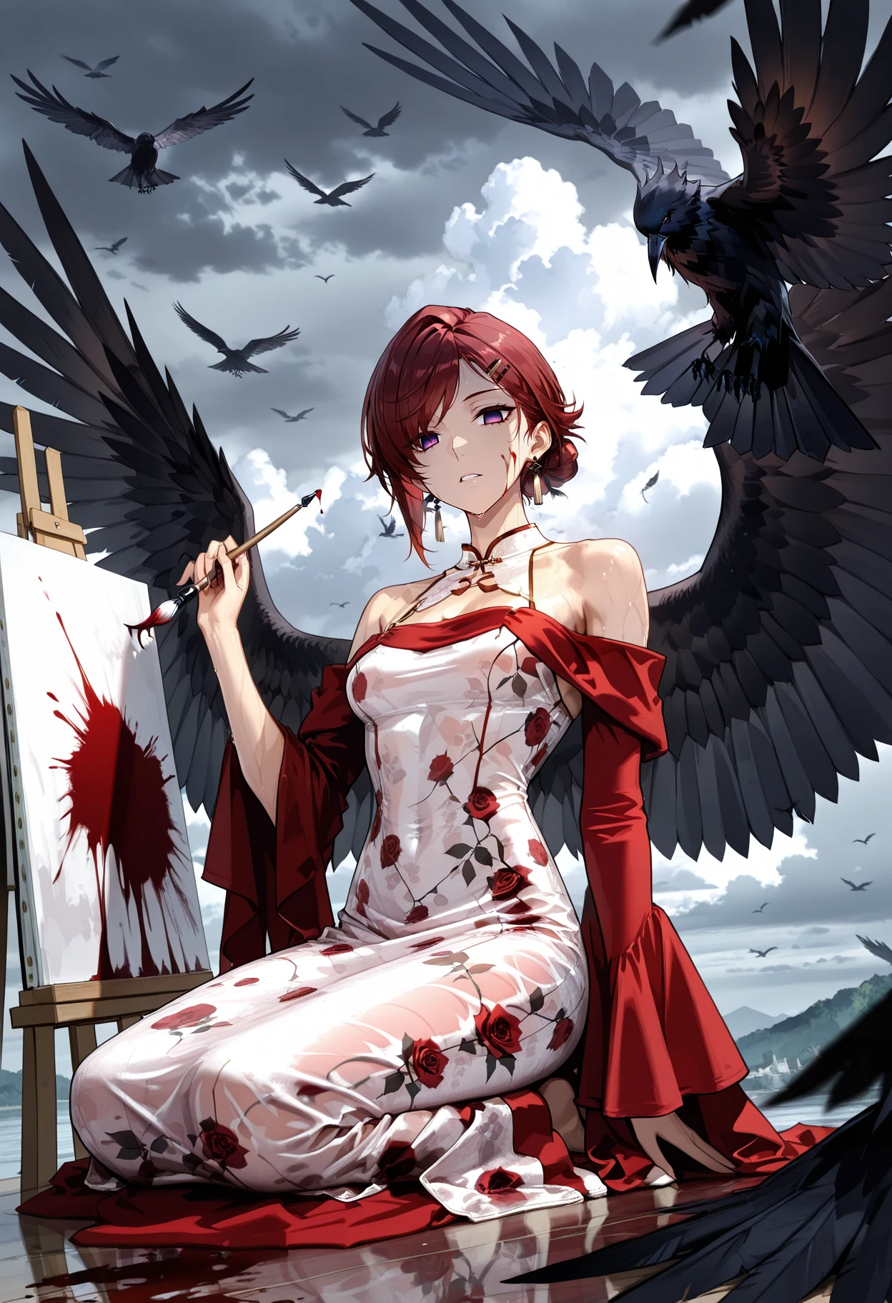 solo,
1girl, bronze skin, purple eyes, ,wavy_hair, pixie hair,   red hair, swept bangs, hairclip, small breasts, earrings, toned,
black wings, wings, bird, 
crow,  cloud, cloudy sky, sitting,  blood, looking at viewer, sky, painting (action),wet, canvas (object), empty eyes, feathered wings, paintbrush, outdoors, holding, seiza, grey sky, 
<lora:RoroririQipaoIL:1.2>, chinese clothes,  velvet dress, detached sleeves, long sleeves, red sleeves, bare shoulders, long dress, rose print dress, floral print, white dress, red dress, 
masterpiece,best quality,amazing quality,  <lora:lmia4IL-style:1>,
