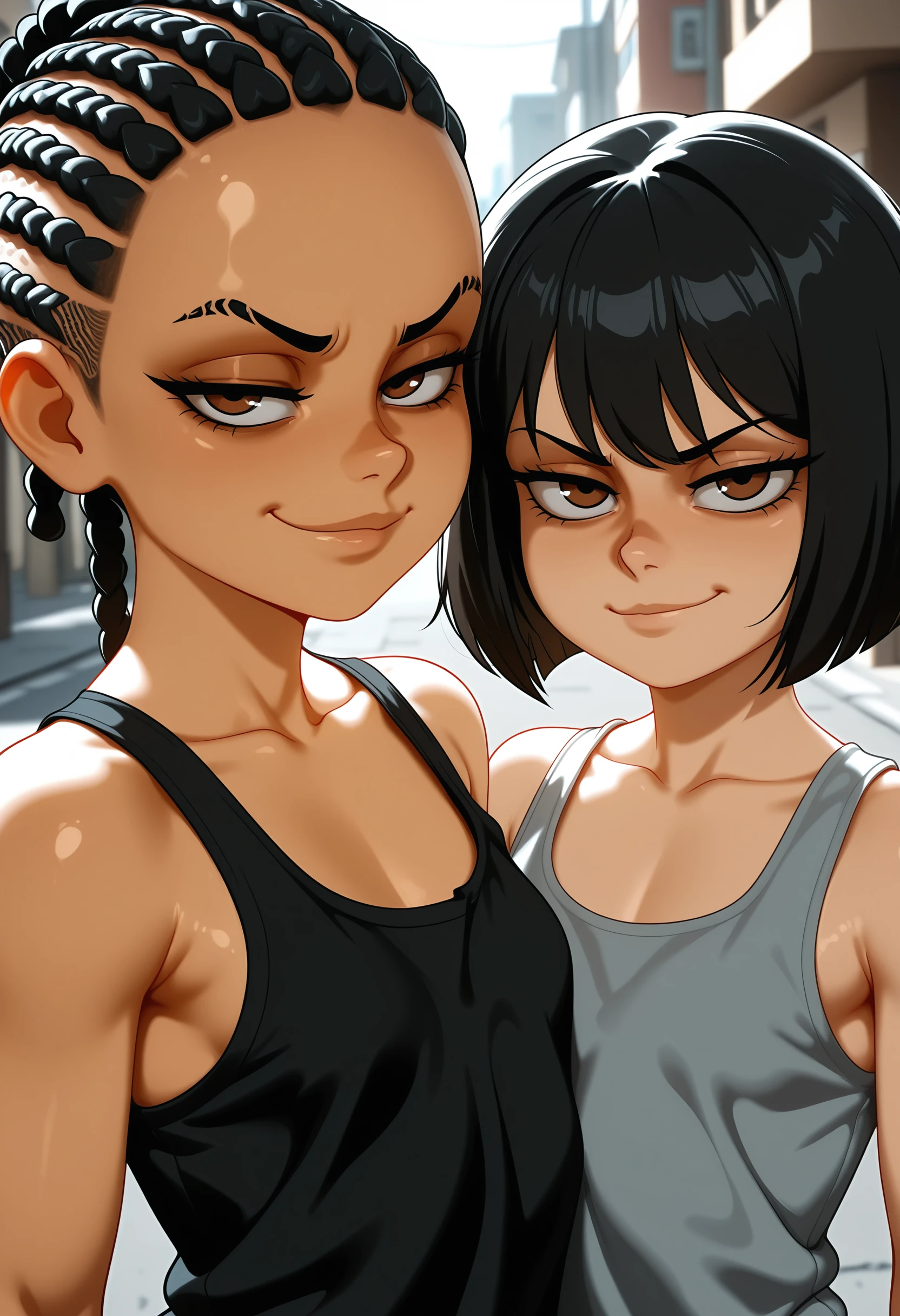 masterpiece, best quality, amazing quality, very aesthetic, absurdres, newest, <lora:FCute3ILf:1> fcs3ilf, 2girls, tank top, black hair, short hair, brown eyes, cornrows, upper body, looking at viewer, smirk,
street,