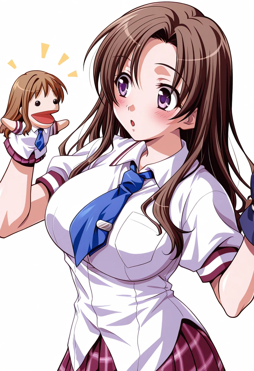 masterpiece, best quality, amazing quality, very aesthetic, absurdres, 8k wallpaper, ultra detailed, 
1girl, solo, shzutan1_sh10n, brown hair, purple eyes, long hair, large breasts, shiny skin BREAK school uniform, blue necktie, untucked shirt, plaid skirt, black thighhighs,  
:o, blush, looking another, standing, hppt,hand puppet, happy aura simple background, white background, upper body <lora:hand_puppet_IL_v1:1> <lora:shizutani shion v1.1-000015:1>