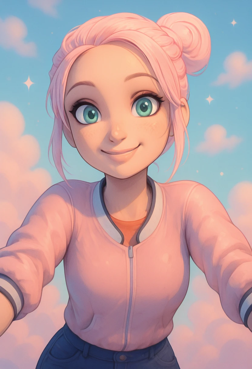 masterpiece, best quality, solo, curvy, beautiful eyes, narrow waist, wide hips, 1girl, solo, smile, looking at viewer, foreshortening, close up, zzBrooklynn, green eyes, hair bun, pink hair, short hair, single hair bun, ,<lora:BrooklynnJurassicPark_IXL:1.0>, , solo, looking at viewer, smile, k4w4iim1r41, cute outfit, pastel, <lora:KawaiiMirai_IXL:1.0>,