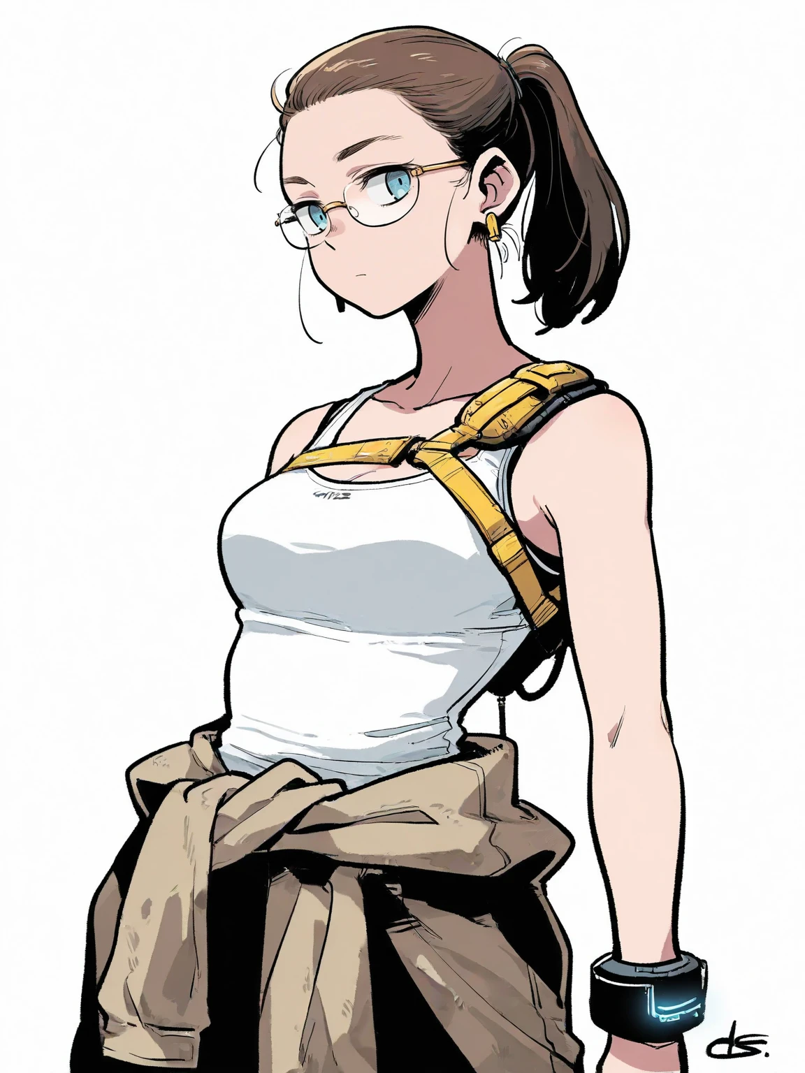 <lora:DS_Mama-IL:0.8> 1girl, solo, cowboy shot, white background, dsmama, brown hair, ponytail, blue eyes, rimless eyewear, earrings, white tank top, bare shoulders, yellow harness, cuff, clothes around waist, science fiction, looking at viewer, masterpiece, best quality, detailed, highres, newest, recent, very awa, very as2