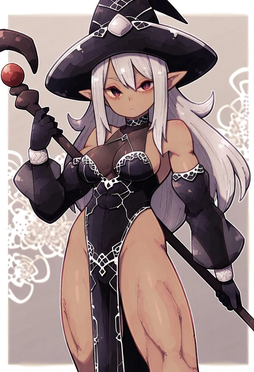 1girl, solo, smile, gloves, earrings, jewelry, pointy_ears, detached_collar, mole, white_gloves, breasts, short_hair, mole_under_eye, object_on_head, cleavage, grin, food, tentacle_hair, yellow_eyes, food_on_head, blush, looking_at_viewer, fangs, upper_body, large_breasts, grey_hair, dress, strapless, bare_shoulders, teeth, hands_on_own_chest, strapless_dress, sushi, simple_background, symbol-shaped_pupils, blush_stickers, brown_eyes, black_dress, white_hair, open_mouth, white_background, hat, thick_eyebrows, collarbone, fang, hair_ornament, character_name, letterboxed, large_breasts, black_hair