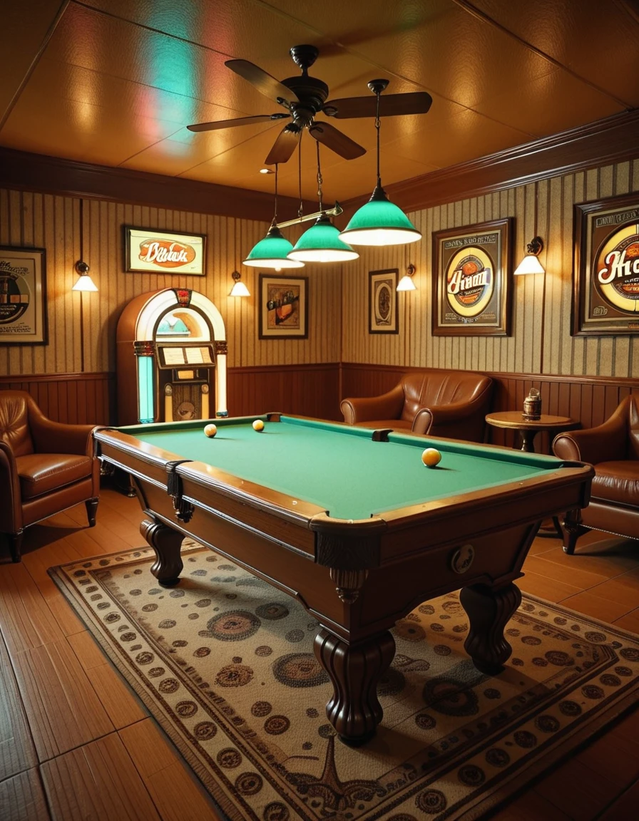 Interior of a vintage 1970s pool room with no people present, wood-paneled walls and shag carpet in earthy tones, overhead pendant lights with green glass shades casting a warm glow over a classic felt-covered pool table, retro wallpaper with geometric patterns, a jukebox in the corner flashing colorful lights, ashtrays on side tables beside leather armchairs, cues neatly arranged on a wooden rack, ceiling fan slowly turning above, and vintage beer advertisements framed on the wallsâeverything evokes a nostalgic, slightly smoky atmosphere frozen in time, rich with the charm and character of a bygone era,1970s pool r00m, <lora:1970s_pool_r00m-i:1>, Masterpiece,best quality,hi res,8k,hi res,8k,award winning,(sharp focus, intricate, highly detailed),