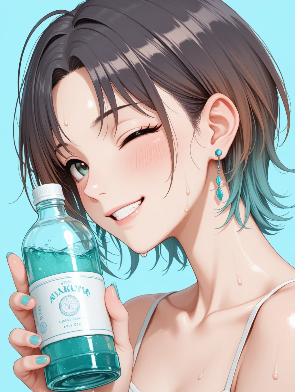 asakura toru, idolmaster, 1girl, aqua hair, aqua nails, black hair, blue background, blush, bottle, brown hair, collarbone, drink, earrings, gradient hair, green eyes, holding, holding bottle, jewelry, looking at viewer, multicolored hair, nail polish, one eye closed, parted bangs, profile, short hair, smile, solo, sweat, masterpiece, best quality