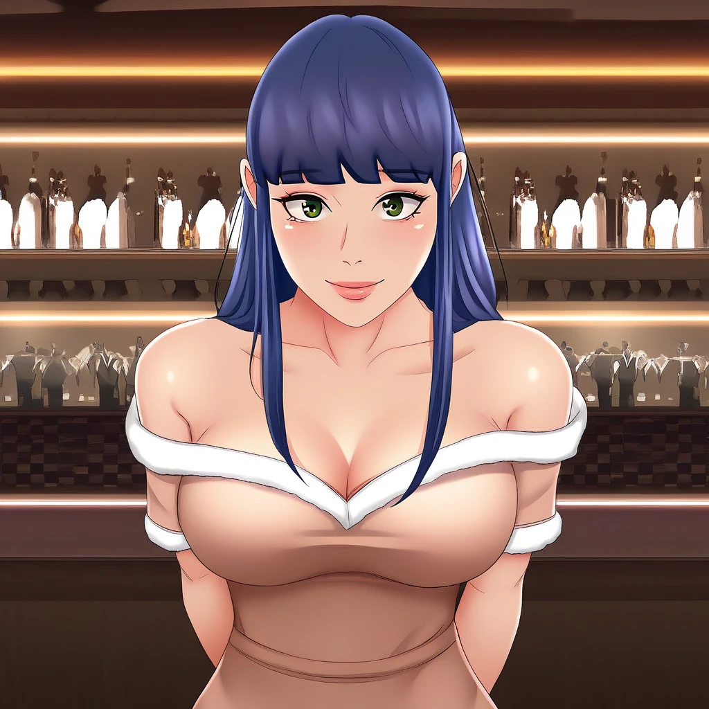 sexy woman, mature, huge breasts, large breasts, nude, nipples, curvy, voluptuous, crossed legs, brown hair, green eyes, short cut, slick back, necklace, smile, sitting, restaurant, indoors, solo focus, multiples people, crowd, public indecency, public nudity, exhibitionism, (masterpice:1.5), (high-quality:1.5), (best-quality:1.5), (highly detailed woman), high detailed eyes and face, highly detailed fingers, intricate_details