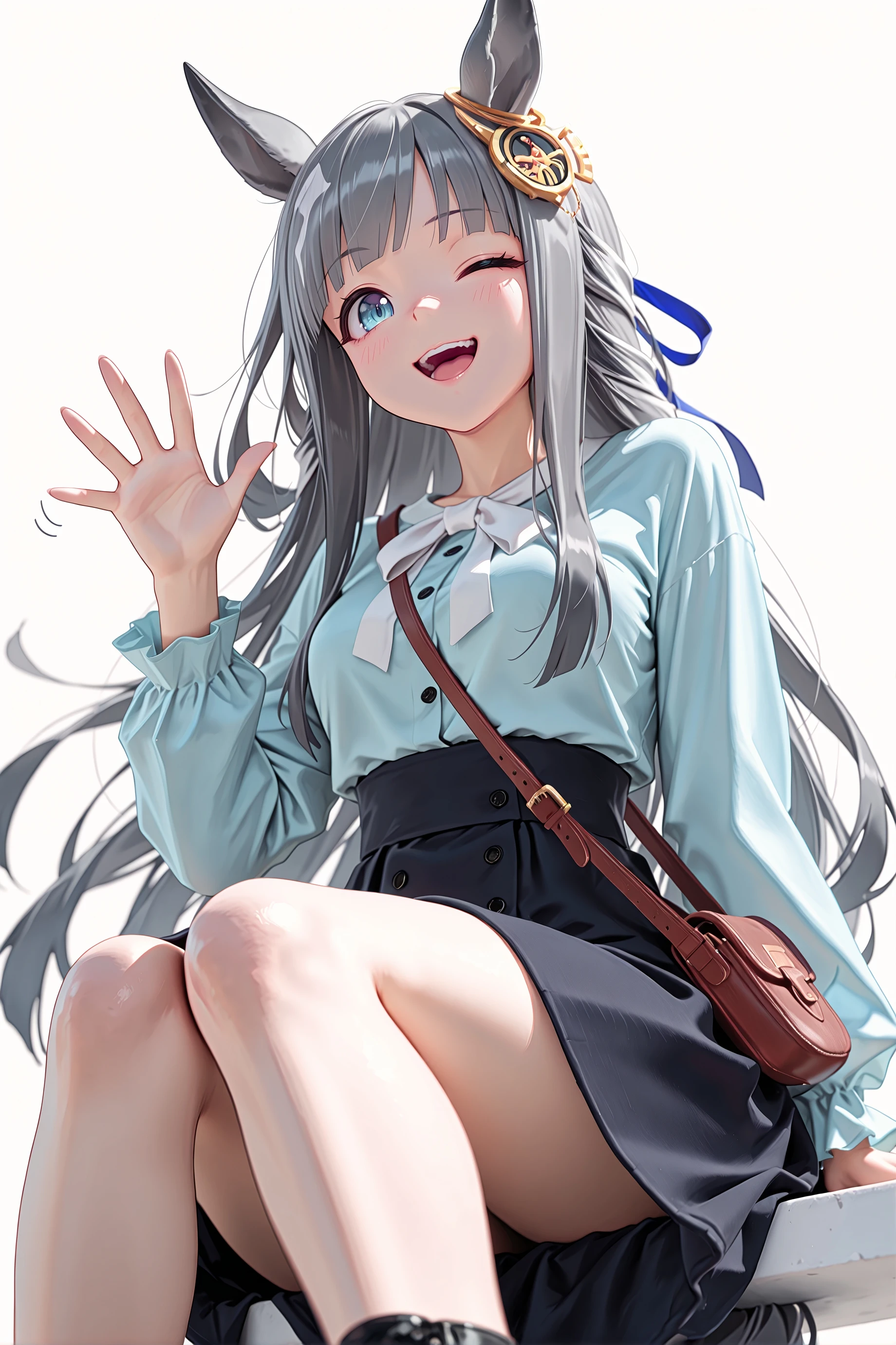 1girl, solo, chrono genesis \(umamusume\), horse girl,
casual, blue ribbon, white ribbon, light blue shirt, high-waist skirt, long sleeves, shoulder bag, black footwear,
smirk, one eye closed, open mouth,
sitting, waving,
cowboy shot, from below,
white background, looking at viewer,
<lora:chronogenesisillv2:0.9>,
masterpiece, best quality, amazing quality, very aesthetic, absurdres, highres, newest, <lora:xl_saturation_slider:0.1>, <lora:illustriousXLv01_stabilizer_v1.164:0.4>, <lora:reduce_wrinkles_illstriouosv0.1_ADDifT_2_in_1_v1.2:0.9>,
