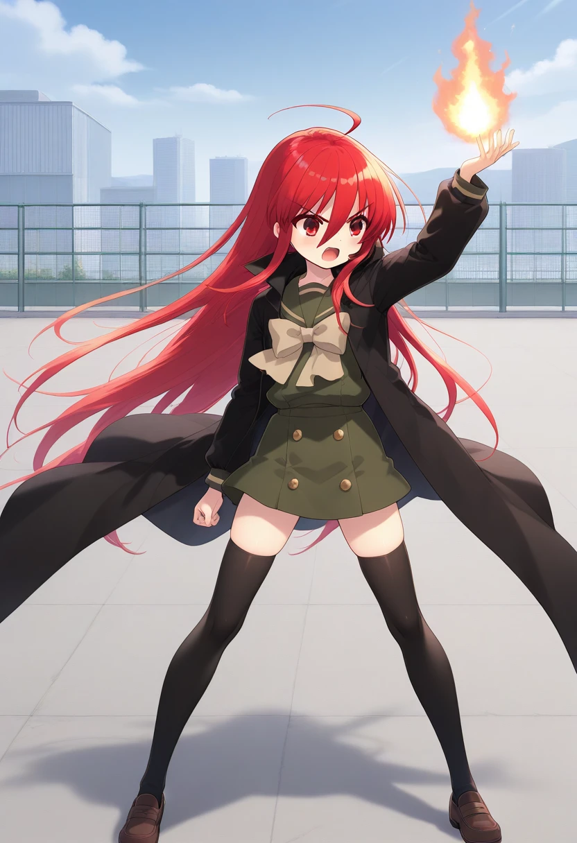 orochinagi, arm up, pyrokinesis, fire in hand, legs apart, open hand, 1girl, solo, shana, red eyes, red hair, very long hair, hair between eyes, ahoge, school uniform, serafuku, green shirt, long sleeves, green skirt, thighhighs, shoes, black coat, open mouth, serious, angry, outdoors, rooftop,