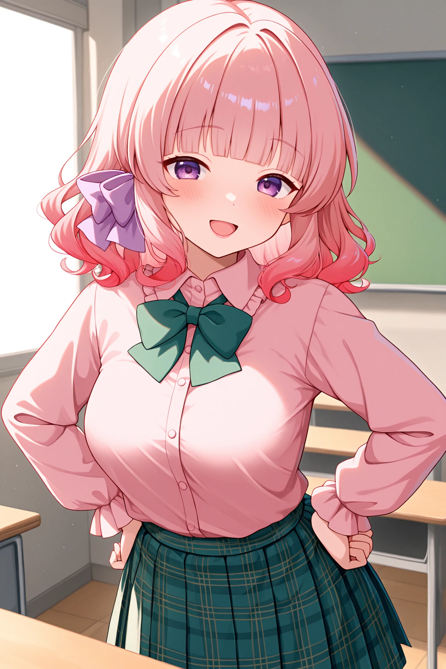 masterpiece, best quality, very aesthetic, nittamoeka, solo, indoors, classroom, pink hair, gradient hair, blunt bangs, hair purple bow, curly ends, medium hair, purple eyes, medium breasts, green bowtie, collared shirt, pink shirt, frilled shirt, long sleeves, hands on hips, green skirt, plaid skirt, school uniform, smile, open mouth, :d, pink lips, <lora:Nitta-Moeka:0.7>