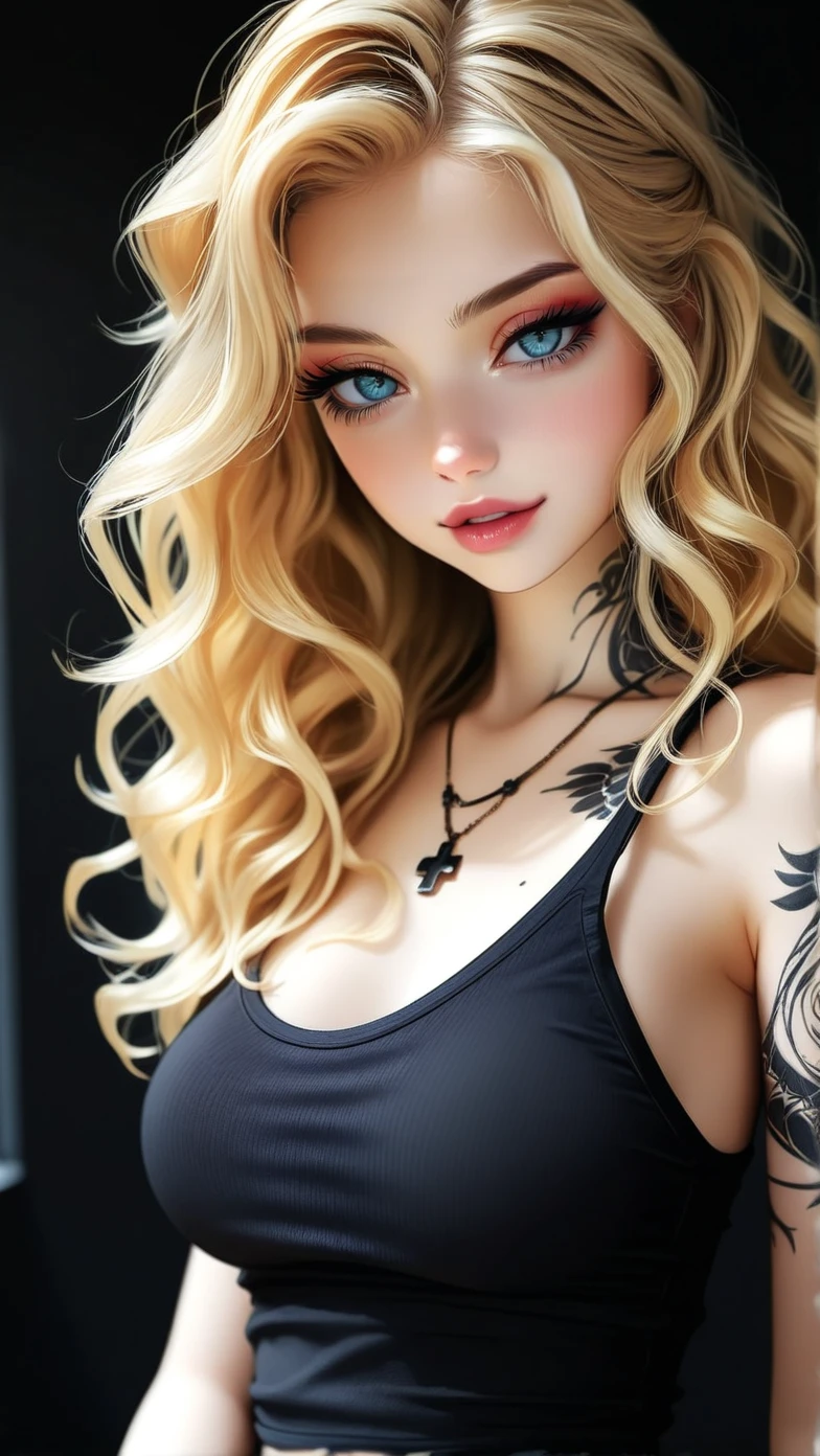masterpiece, best quality, very awa, absurdres, Good quality, very aesthetic, absurdres, newest, very sexy girl, sexy figure, 1girl, beautiful face, black wall background, blonde hair, blue eyes, 25yo, medium breasts, black tank top, black necklace, long wavy hair, bangs, sensual expression, light lips, long eyelashes, eyeliner, makeup on eyelashes, tattoos.
