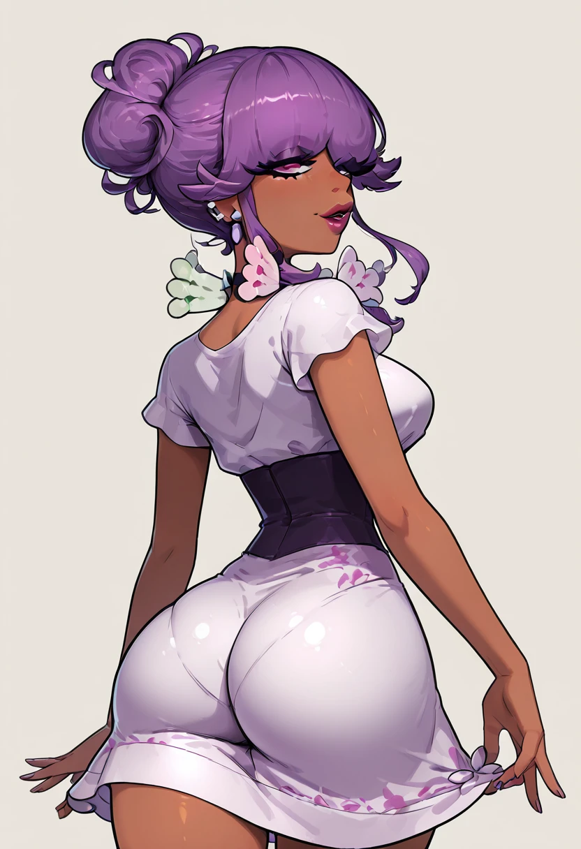 masterpiece, best quality, solo, curvy, beautiful eyes, narrow waist, wide hips, 1girl, solo, smile, looking at viewer, dynamic angle, foreshortening, close up,     zzTulip, purple eyes, purple hair, dark skin, dark-skinned female,  jewelry, earrings, dress, makeup, lipstick,  ,<lora:TulipPokemon_NAI:1.0>, , solo, looking at viewer, simple background, ass, cowboy shot, looking back, from behind, hair over one eye, lips,  skindentation, makeup, piercing, cross, lipstick, ear piercing, eyeshadow, shiny clothes, gothic, <lora:ElfFio_IXL_v2:0.8>,