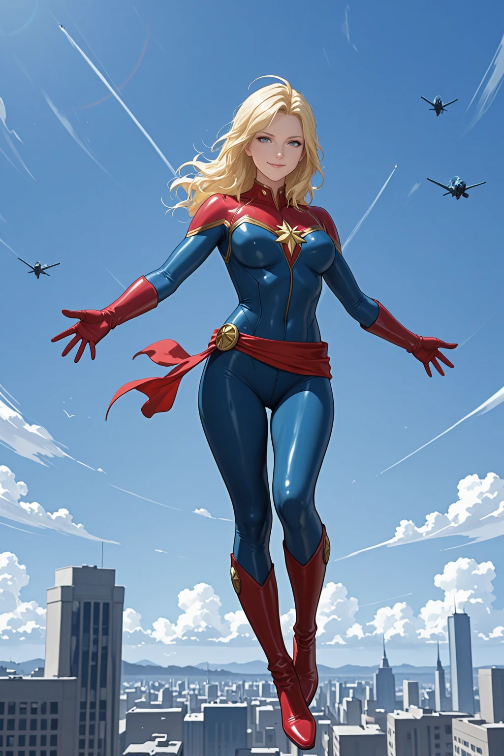 masterpiece, good quality, best quality, very awa, very as2, absurdres, highres, 
 <lora:cptnmarvel future avengersilluLora:1>MsMrvl, long hair, blonde hair, blue eyes, multicolor bodysuit, skin tight, Gold trim, red gloves, red sash, red boots, flying, smile