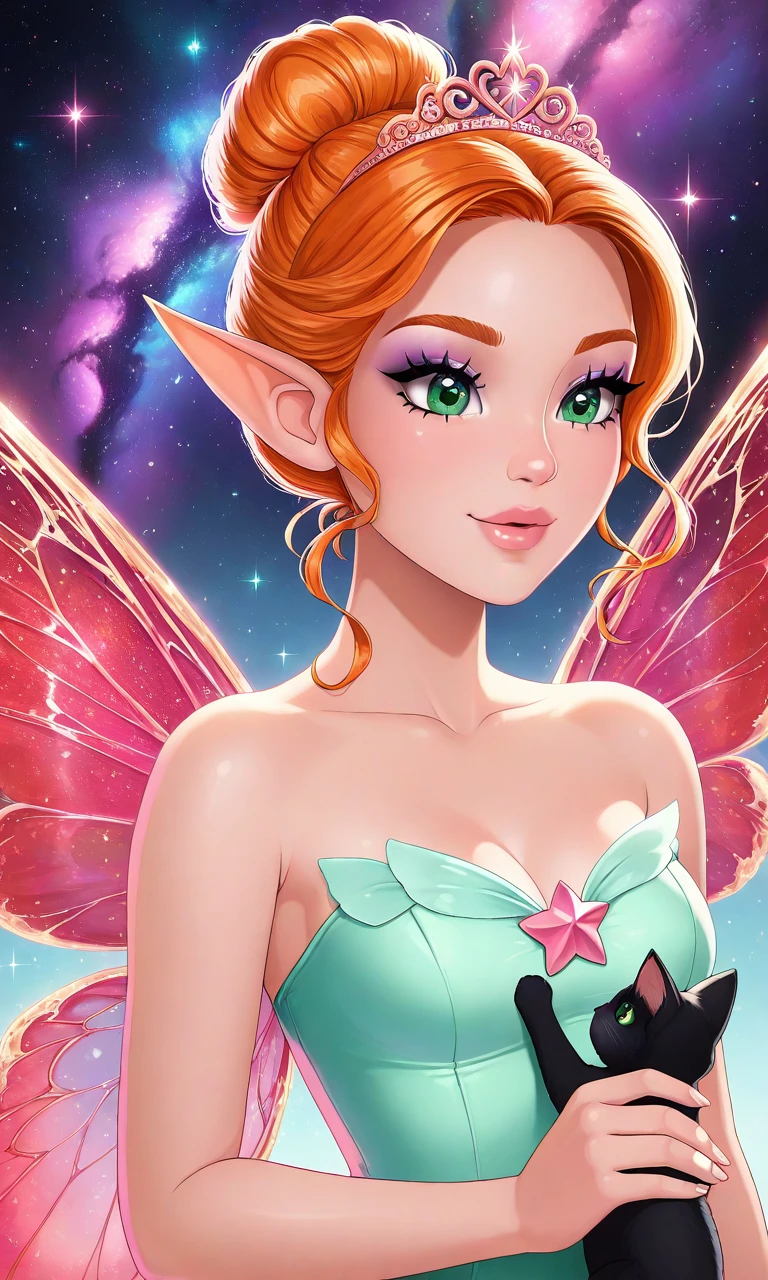 solo,Barbiecore, holographic, hot pink, glamour, sparkle, Spacecore, galaxy, nebula, black, white,1woman,pointy ears,makeup,orange hair,single hair bun,green eyes,red wings,fairy,fairy wings,tiara,cat,sky,star (sky)