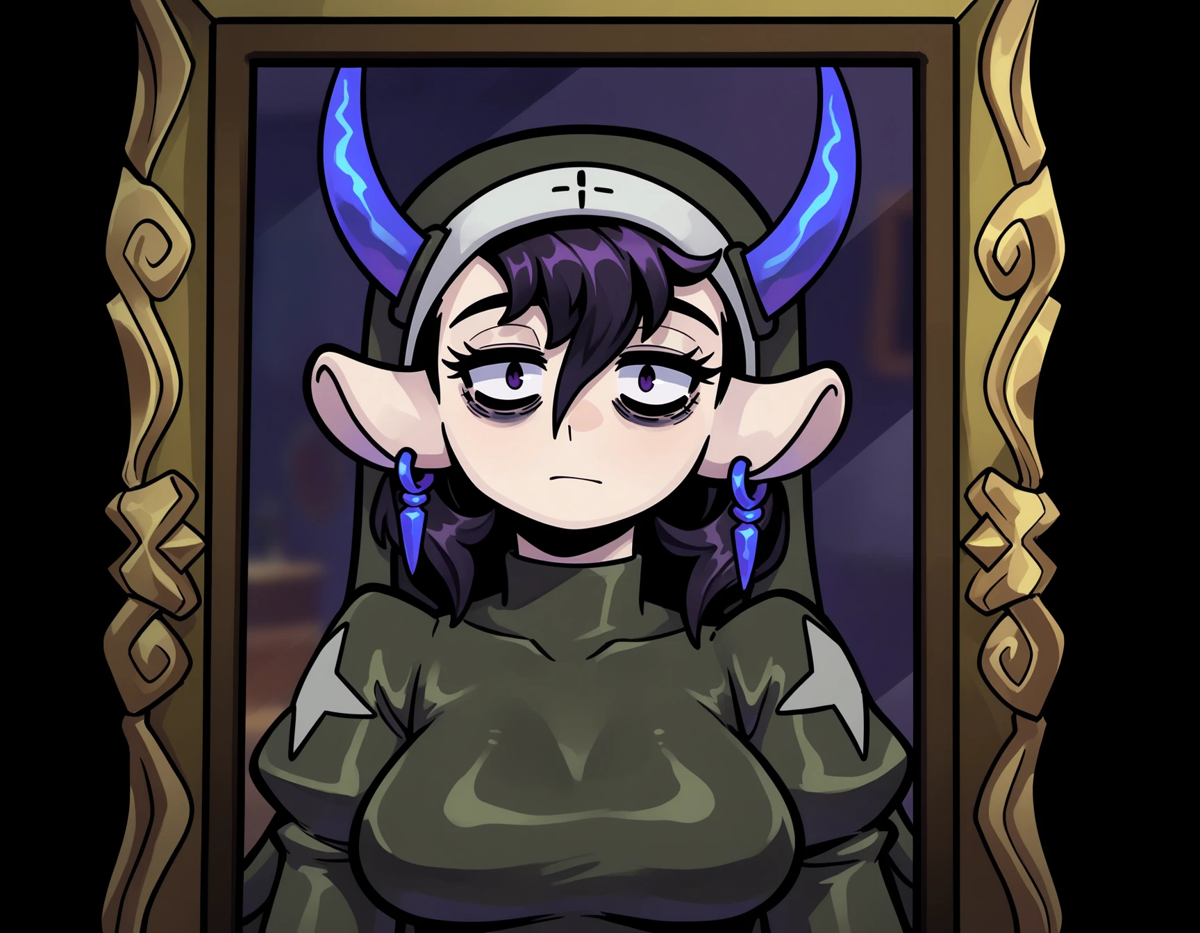 best quality, amazing quality, very aesthetic, absurdres,
1girl, hereticmooladin, horns, black hair, dark purple eyes, long hair, bags under eyes,
earrings, hairband, nun,
armor, puffy sleeves, juliet sleeves, long sleeves, leotard, large breasts,
solo, expressionless,
upper body,
looking at viewer, mirror frame, mirror reflection, <lora:HereticMooladinNoobXL_byKonan:1>