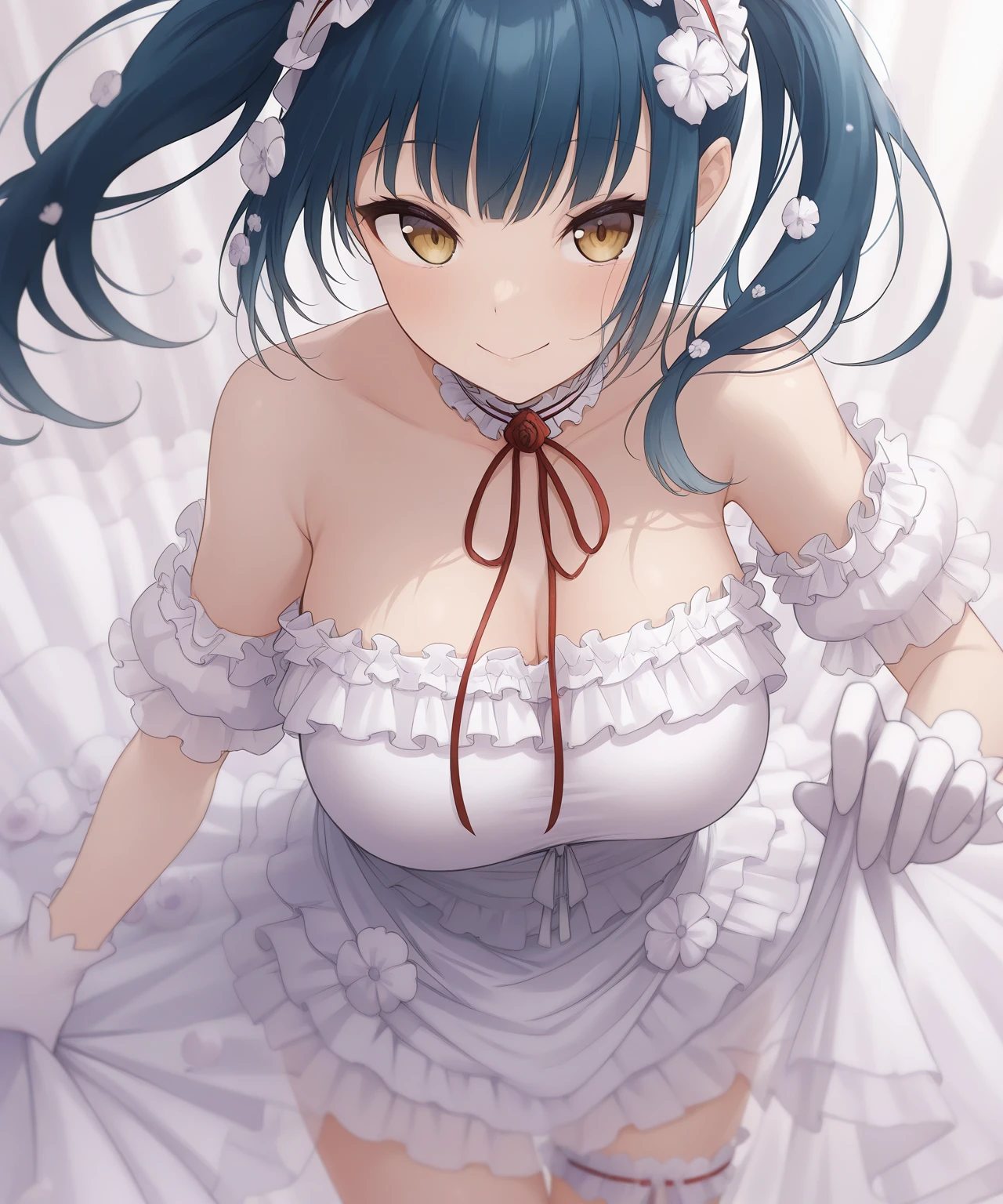 Akina Nakamori、Blue lace dress、25 years old、Beautiful woman、sexy、White cross necklace on chest、gothic style、miniature small hat、Sharp and cute、Beautiful woman、Upper grade
