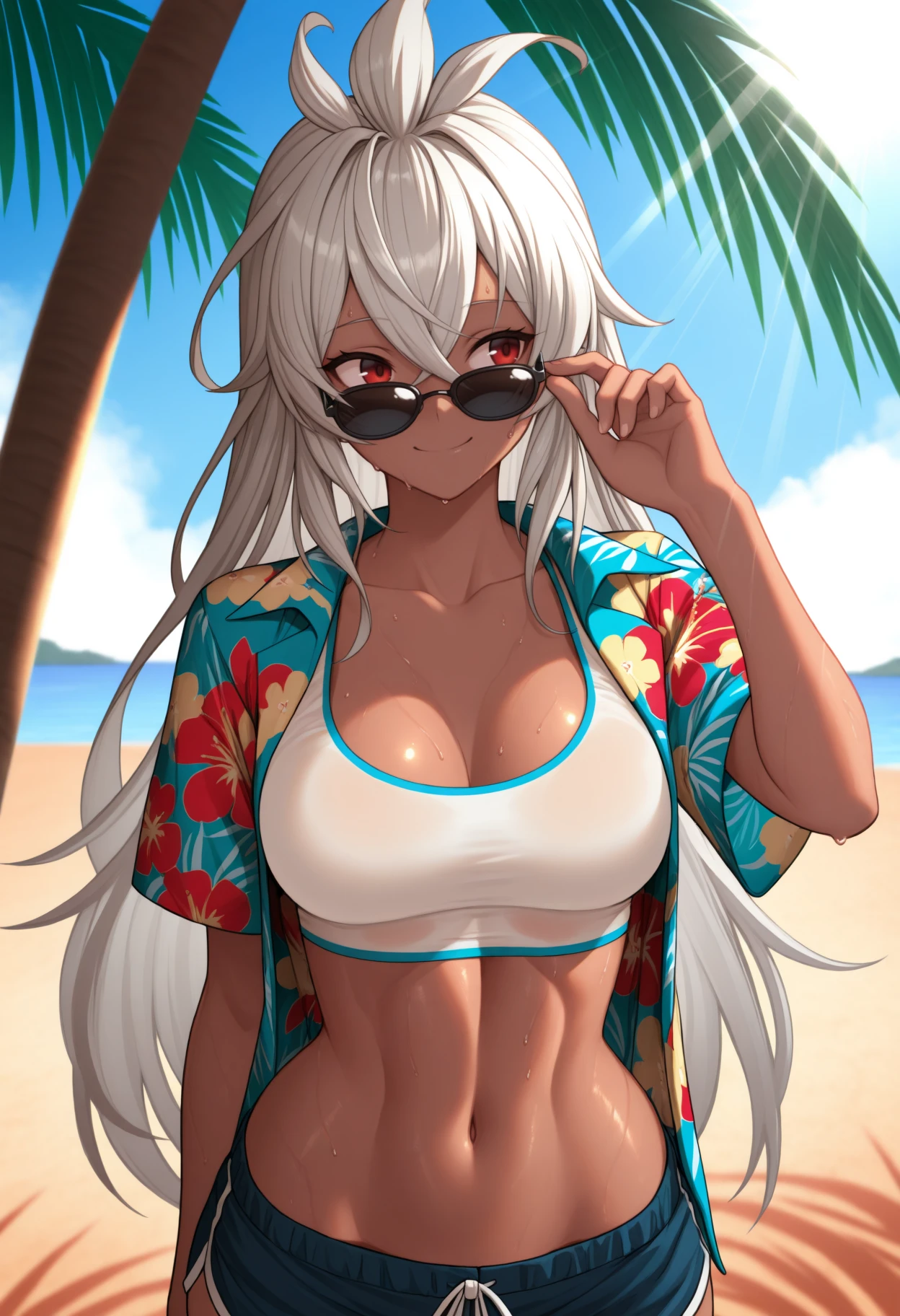 an anime girl posing in black and green outfit on the beach for a photo shoot, 1girl, solo, navel, big breasts, breasts, thick, thick thighs, green eyes, long hair, animal ears, looking at viewer, outdoors, white hair, off shoulder, beach, choker, multicolored hair, bare shoulders, stomach, day, crop top, midriff, medium breasts, spaghetti strap, camisole, cleavage, thighs, cat ears, black choker, jacket,