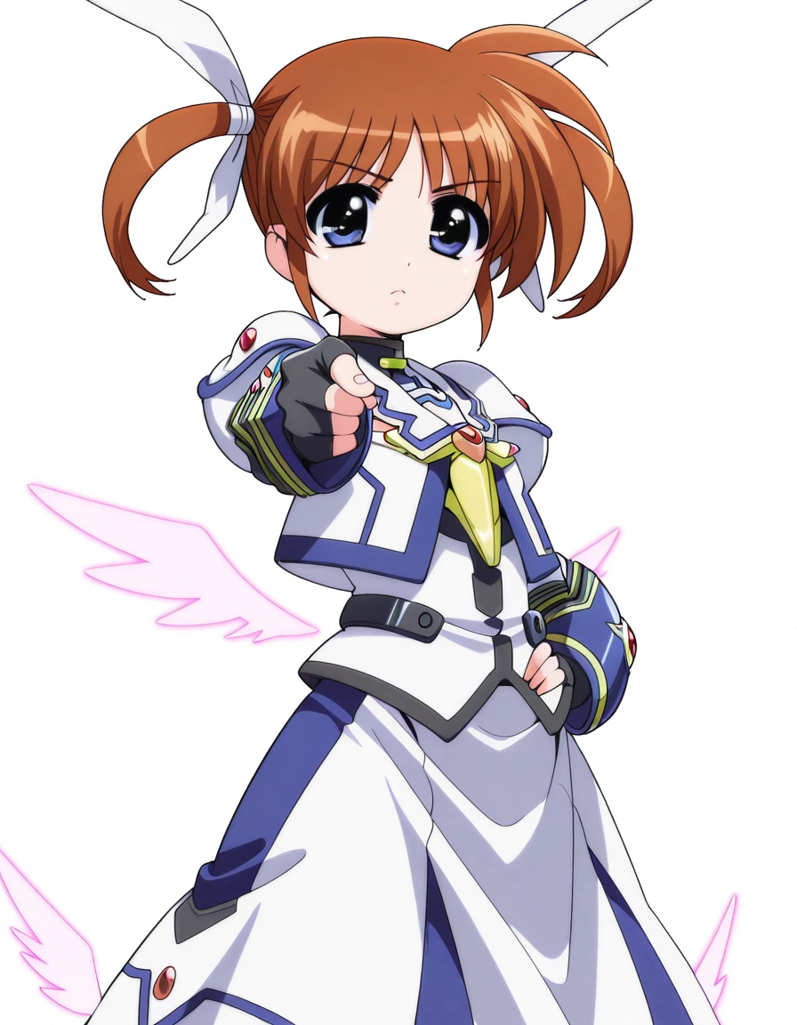 masterpiece, best quality, amazing quality,, <lora:nanoha-takamachi-movie2-illustriousxl-lora-nochekaiser:1>, nanoha takamachi, takamachi nanoha, brown hair, twintails, blue eyes, anime screencap, gloves, long sleeves, wings, fingerless gloves, magical girl, winged footwear, blue trim,, <lora:jotaro-kujo-pose-illustriousxl-lora-nochekaiser:1>, jotaro kujo pose, kujo jotaro's pose (jojo), jojo pose, pointing, pointing at viewer, cowboy shot, art gallery, paintings, sculptures, exhibits, quiet, cowboy shot, solo, looking at viewer, <lora:transparent-background-illustriousxl-lora-nochekaiser:1>, transparent background, simple background, white background