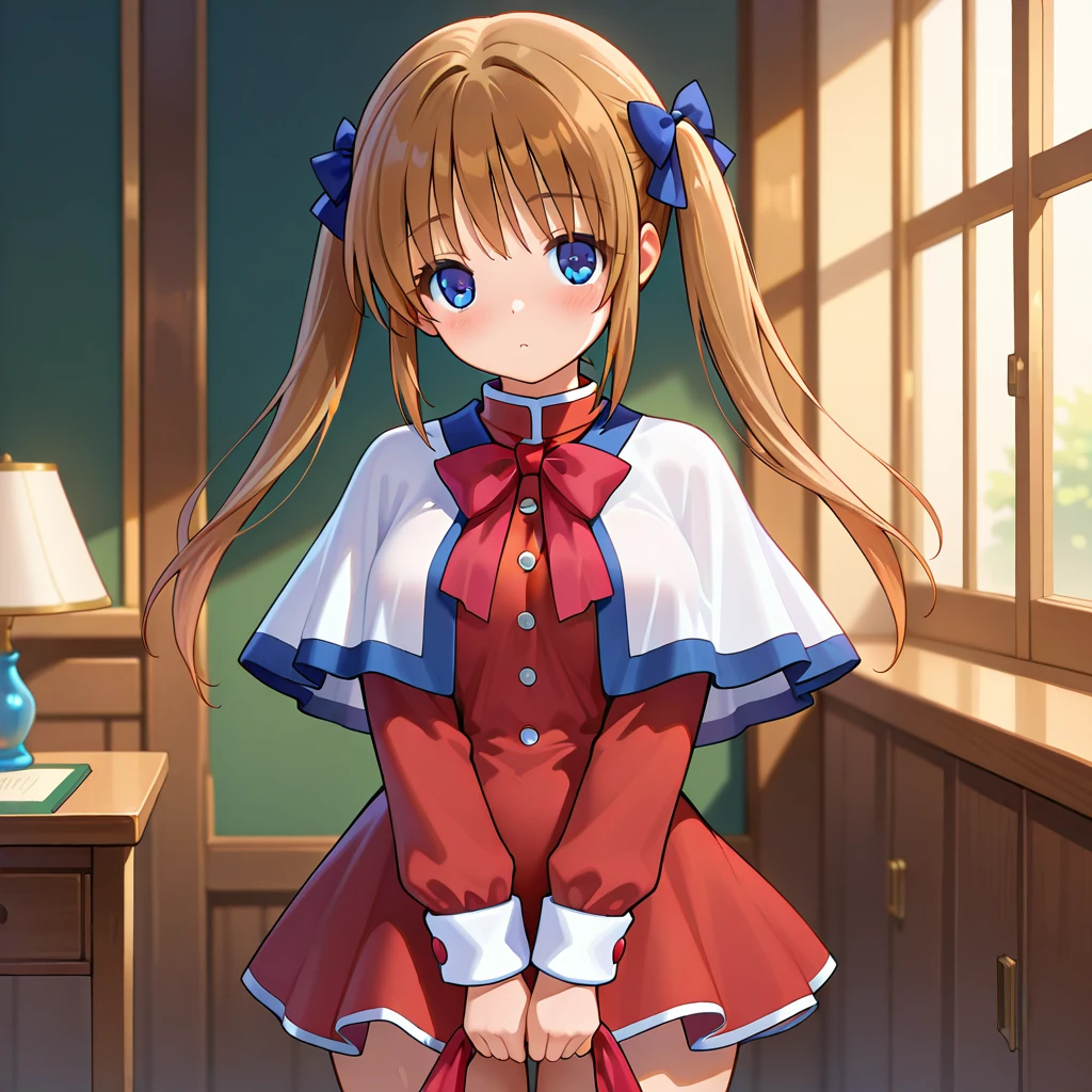 Scroll,,1girl,<lora:ChevalierHistorie_JeanneV1.0_illustrious:0.9>,chevalier_face,brown hair,twintails,blue eyes,long hair, hair bow,, masterpiece, best quality, amazing quality, newest, <lora:KanonSeifuku_illustrious:1>,kanonseifuku,red dress,capelet,long sleeves ,school uniform,chest_bow