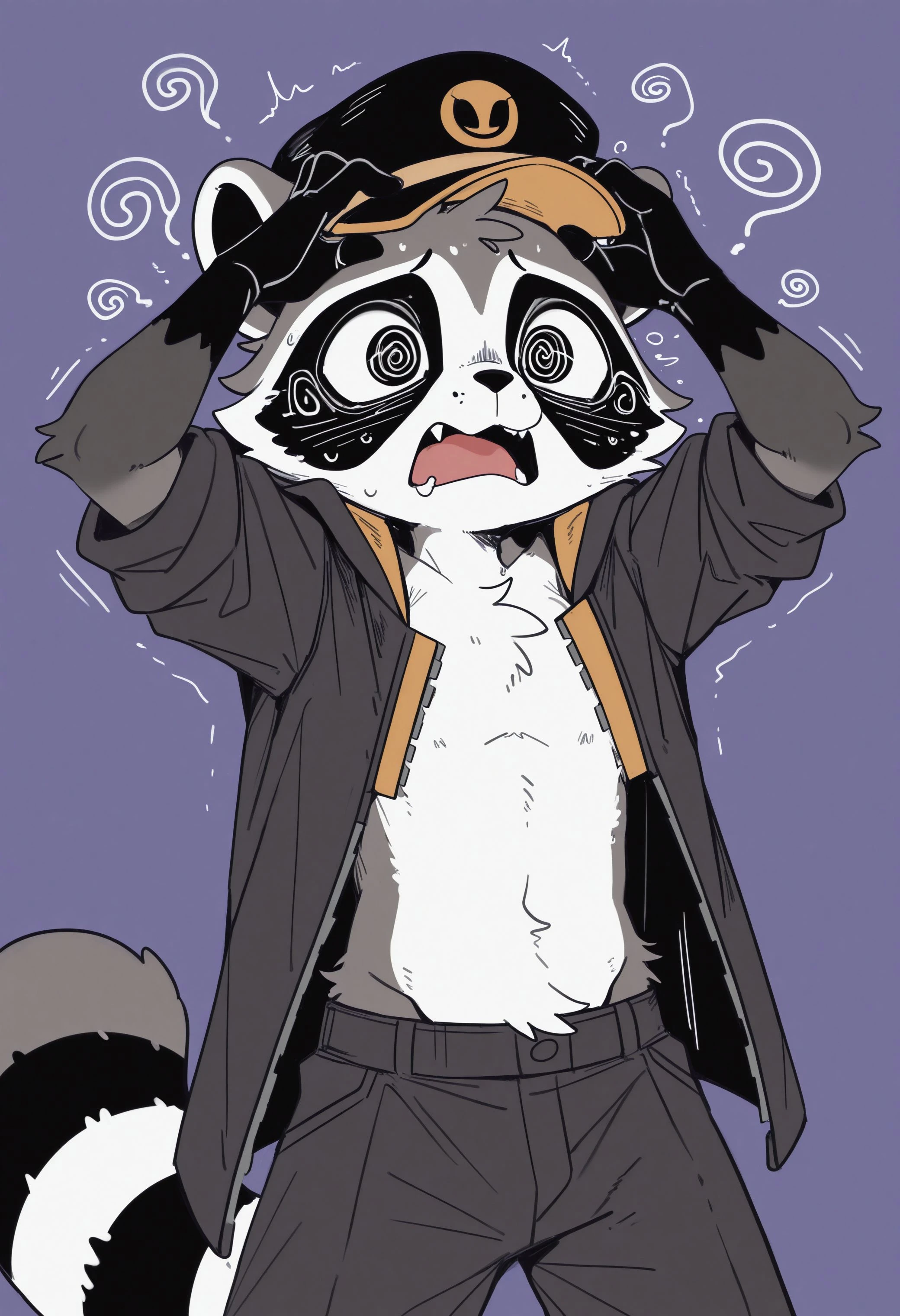 best quality, amazing quality, very aesthetic, absurdres, newest, g4l4ctic_b4seb411er, raccoon, furry, furry male, solo, 1boy, black jacket, pants, hat, @ @, simple purple background, <lora:The_Legend_of_the_Galactic_Baseballer_Illustrious:1>