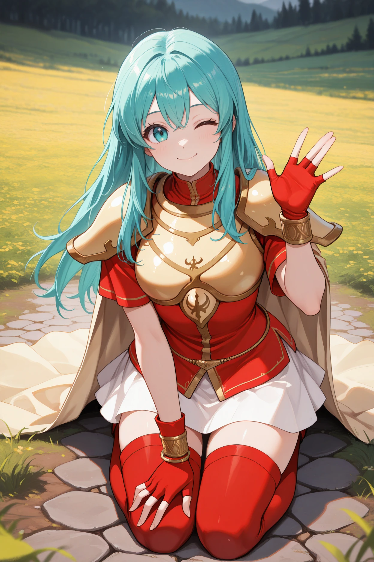 masterpiece, best quality, 1girl, solo, <lora:ogeirika-illu-nvwls-v1-000006:1> orger, aqua hair, long hair, hair between eyes, red tunic, short sleeves, gold armor, yellow cape, bracelet, red gloves, fingerless gloves, white skirt, red thighhighs, on ground, kneeling, looking at viewer, smile, wink, waving, field, cobblestones