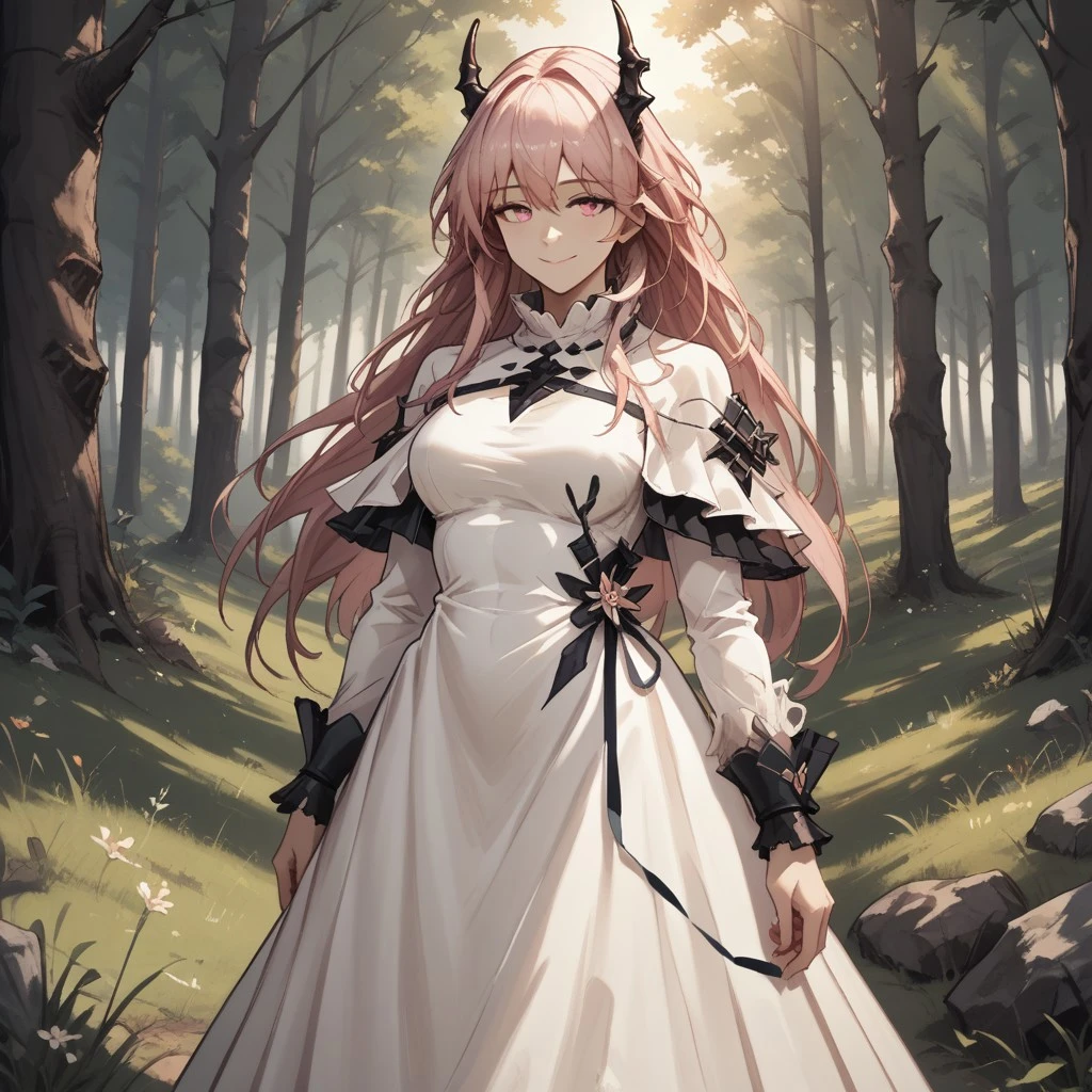 score_9, score_8, BREAK, solo, Theresa_(Arknights), horns, black horns, pink hair, pink eyes, hair between eyes, long hair, sidelocks, bangs, white dress, full dress, black boots, self portrait, smile, looking at viewer, outdoors, sunlight, shadows, evening lighting, natural lighting, forest, trees, grass, orange sky, sunset