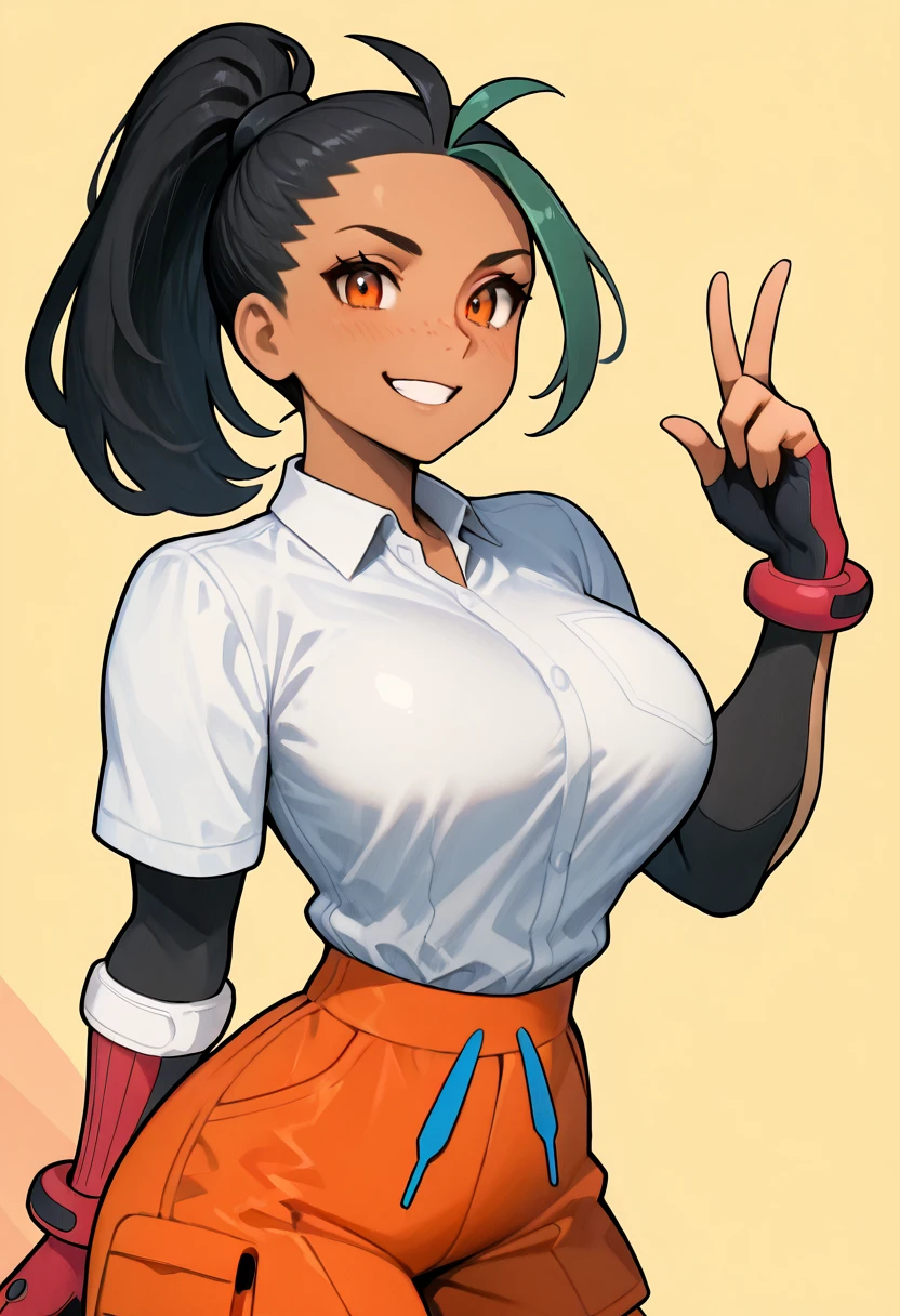 masterpiece, best quality, solo, curvy, beautiful eyes, narrow waist, 1girl, solo, smile, looking at viewer, nemona (pokemon), pokemon, black hair, green hair, orange eyes, dark skin, multicolored hair, two-tone hair, ponytail, hair pulled back, collared shirt, fingerless gloves, orange shorts, ,<lora:NemonaPokemonIXL:1.0>, , smile, looking at viewer, cowboy shot, <lora:IckpotIXL_v1:1.0>,
