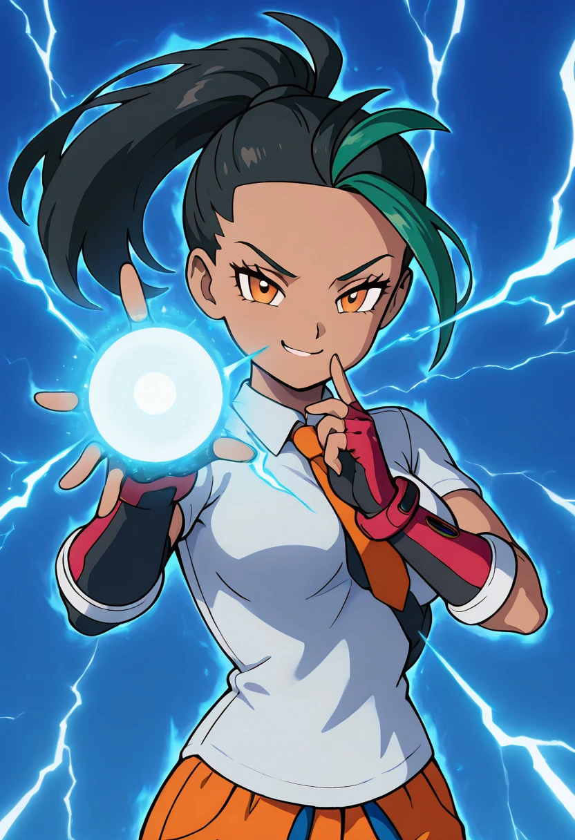 masterpiece, best quality, solo, curvy, beautiful eyes, narrow waist, 1girl, solo, smile, looking at viewer, nemona (pokemon), pokemon, black hair, green hair, orange eyes, dark skin, multicolored hair, two-tone hair, ponytail, hair pulled back, collared shirt, fingerless gloves, orange shorts, ,<lora:NemonaPokemonIXL:1.0>, ,vivid aura, looking at viewer, blue background, smug, aura, super saiyan, charging energy, energy ball, energy, lightning, <lora:DBSBroly_Style_IXL_v2:0.6>,