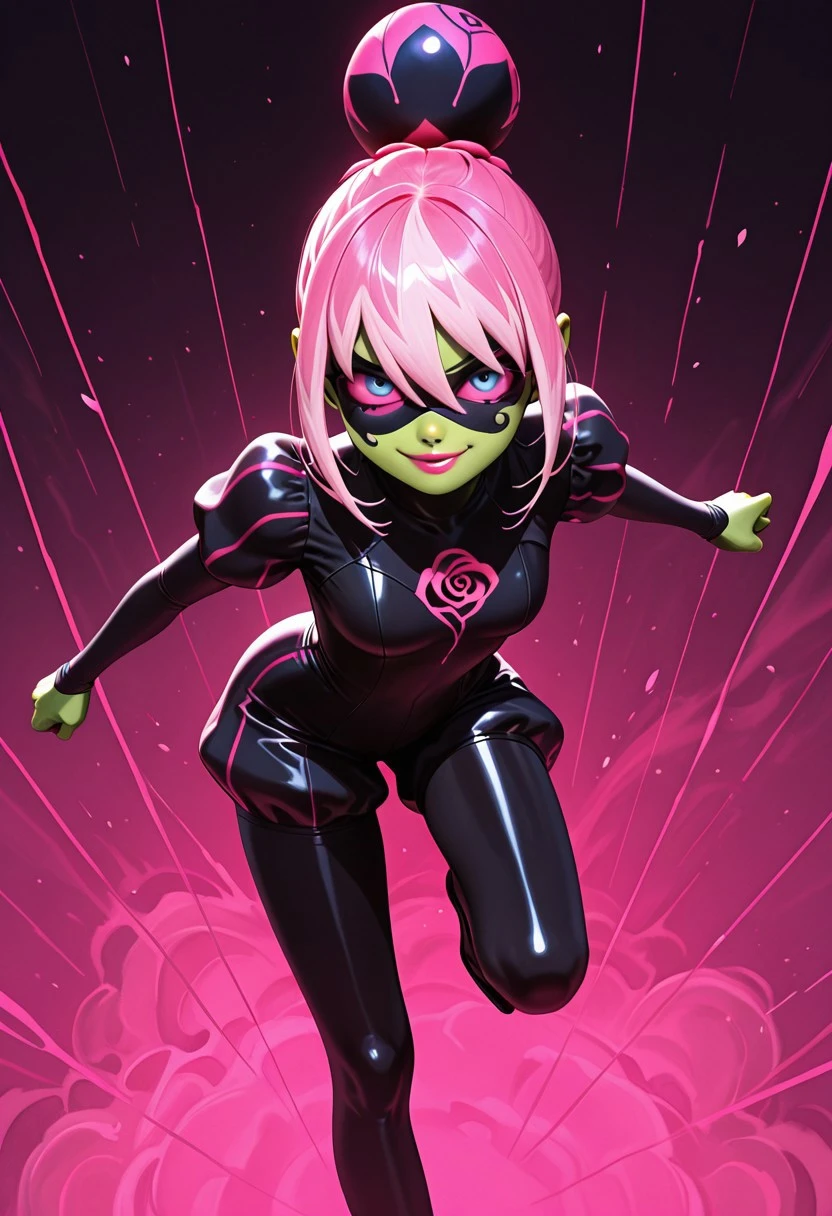 masterpiece, best quality, amazing quality, intricate detail, highly detailed, solo, 1girl, Princess Fragrance, green skin, magenta hair, pink hair, multicolored hair, two-tone hair, bangs, bun, hair between eyes, rosebud-like bun, blue eyes, pink sclera, pink lipstick, mask, domino mask, black turtlenecked skin-tight suit, puffed sleeves, puffed shorts, Narrow pink lines, black high-heel shoes, black tube came out of the top of the bun, rose design on her chest, looking at viewer, , ultra detailed, dynamic pose, evil smile, BREAK, simple background, pink magenta fog on the background,