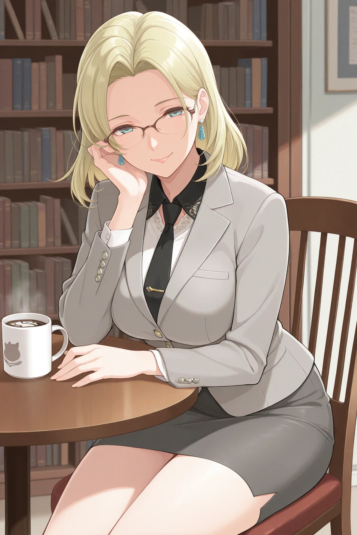masterpiece, best quality, 1girl, solo, <lora:feselena-illu-nvwls-v1-000006:1> defsen, blonde hair, medium hair, blue eyes, mature female, earrings, grey blazer, black necktie, grey skirt, pencil skirt, glasses, sitting, table, chair, bookshelf, coffee mug, looking at viewer, smile