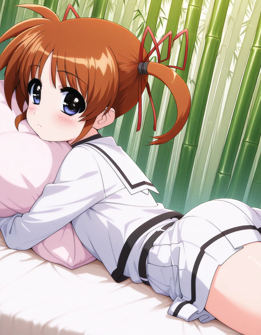 masterpiece, best quality, amazing quality,, <lora:nanoha-takamachi-movie2-illustriousxl-lora-nochekaiser:1>, nanoha takamachi, takamachi nanoha, brown hair, twintails, blue eyes, anime screencap, long sleeves, ribbon, school uniform, serafuku, long sleeves, red ribbon, white sailor collar, white shirt, white skirt, black trim,, <lora:on-stomach-from-side-illustriousxl-lora-nochekaiser:1>, on stomach from side, on stomach, from side, on bed, pillow, pillow hug, looking at viewer, blush, parted bangs, ass, thighs, bamboo forest, bamboo, trees, dense, wildlife, cowboy shot, solo, looking at viewer,